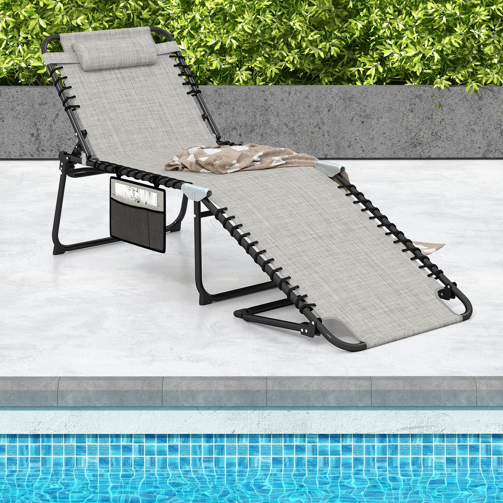 4 Position Folding Chaise, Adjustable Backrest, Footrest, Gray - Image 2