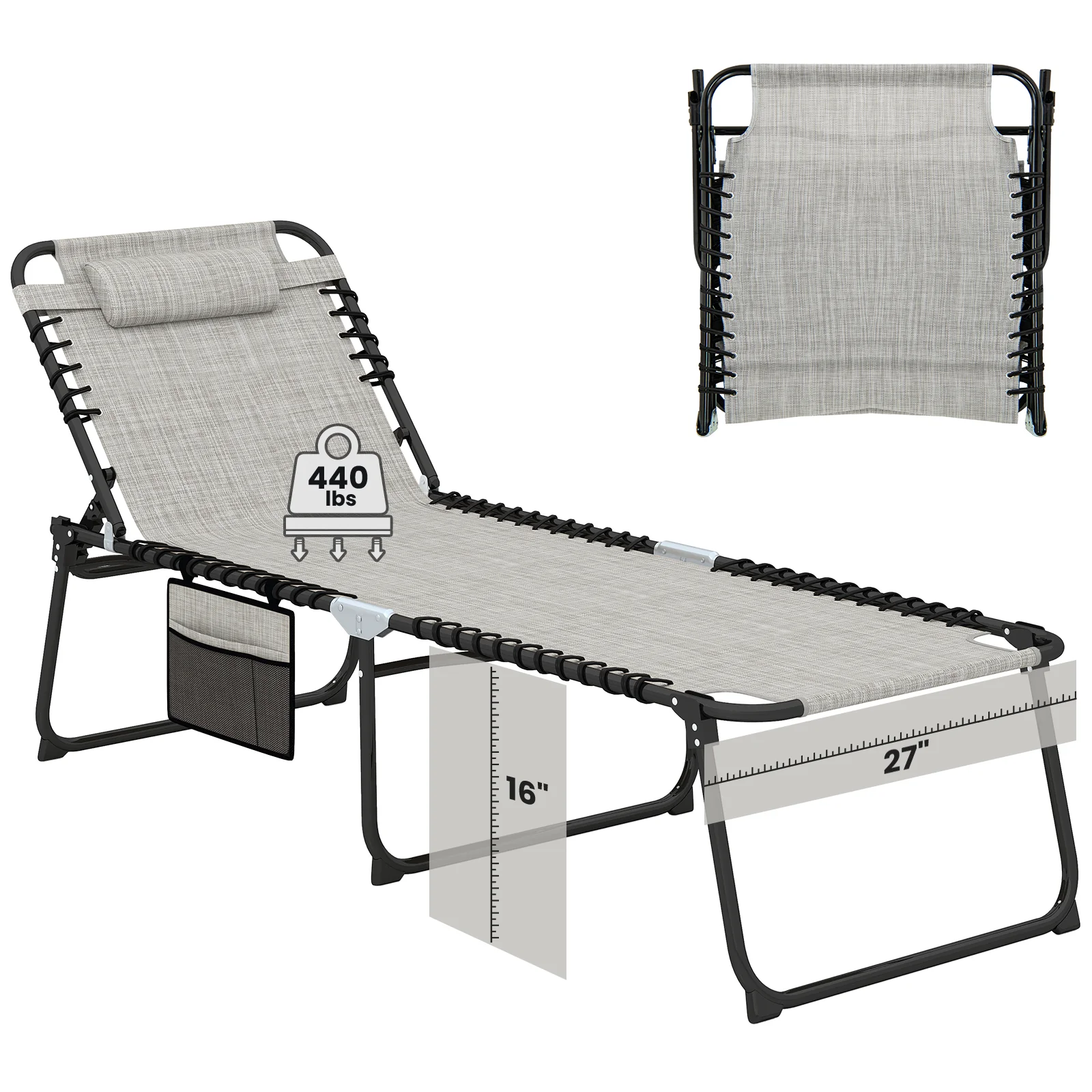 4 Position Folding Chaise, Adjustable Backrest, Footrest, Gray - Image 4