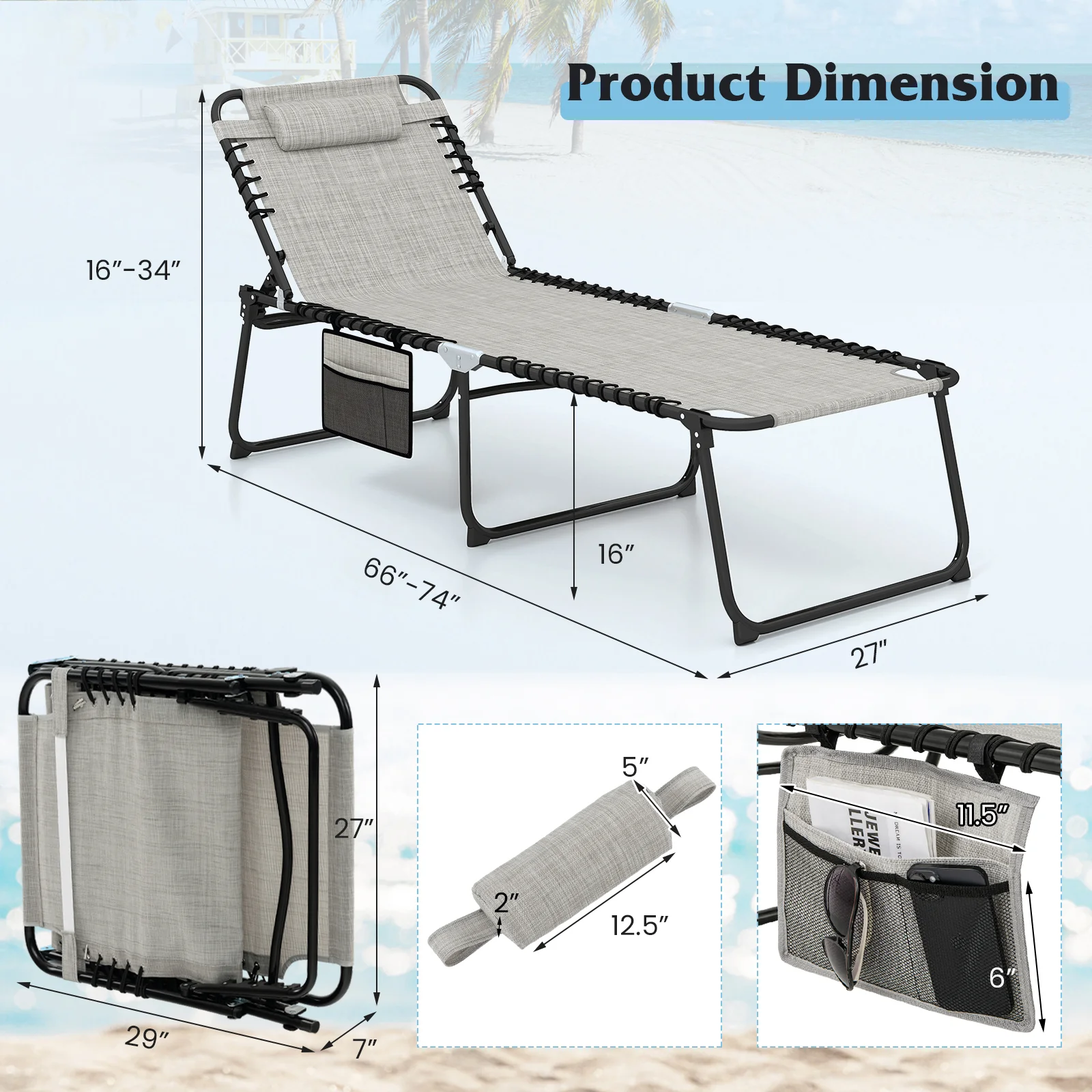 4 Position Folding Chaise, Adjustable Backrest, Footrest, Gray - Image 5