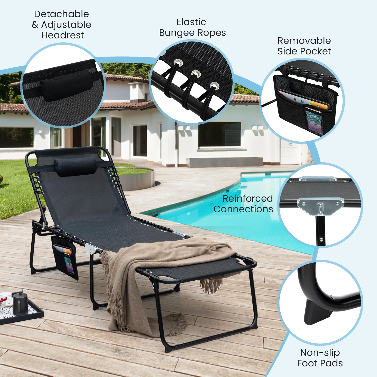 4 Position Folding Lounge Chaise, Adjustable Backrest And Footrest, Black - Image 10