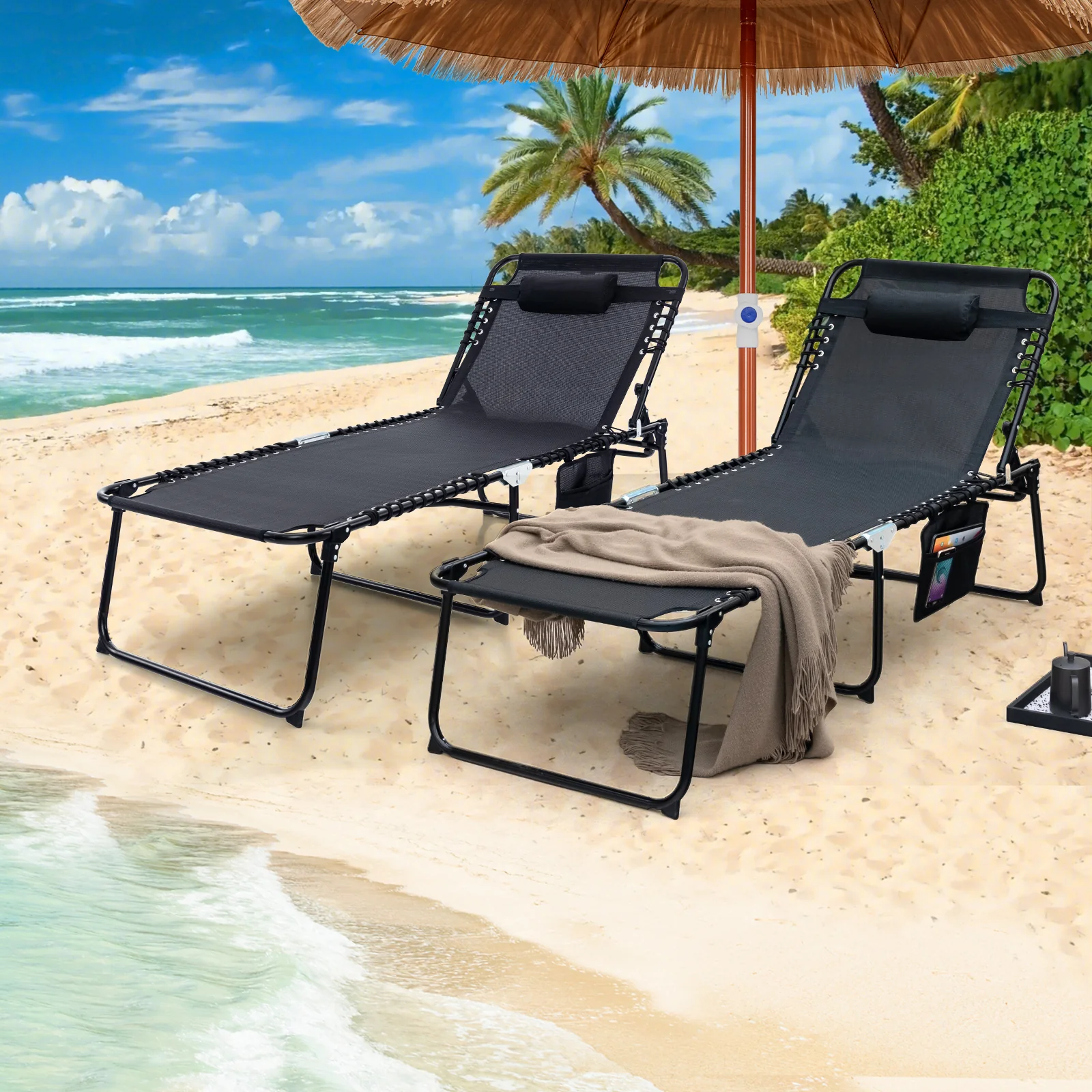 4 Position Folding Lounge Chaise, Adjustable Backrest And Footrest, Black - Image 2