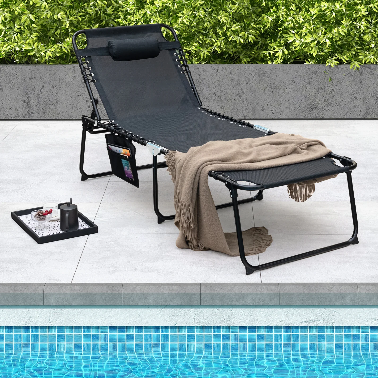 4 Position Folding Lounge Chaise, Adjustable Backrest And Footrest, Black - Image 3