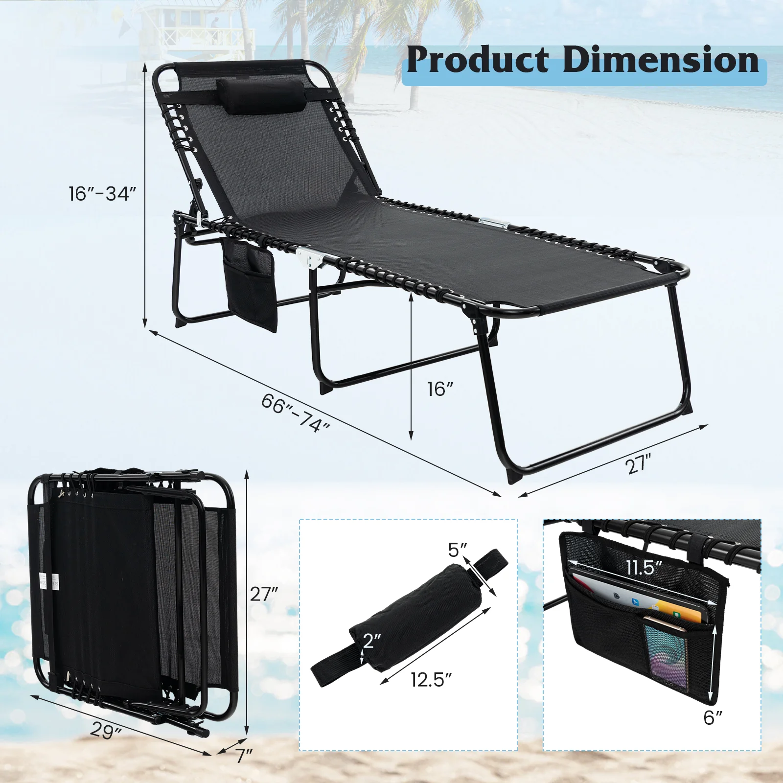 4 Position Folding Lounge Chaise, Adjustable Backrest And Footrest, Black - Image 5