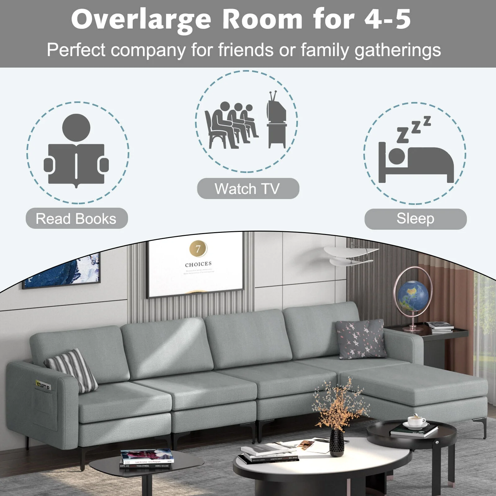 4-Seat L-Shaped Sectional Sofa, Reversible Ottoman, 2 USB Ports, Gray - Image 7