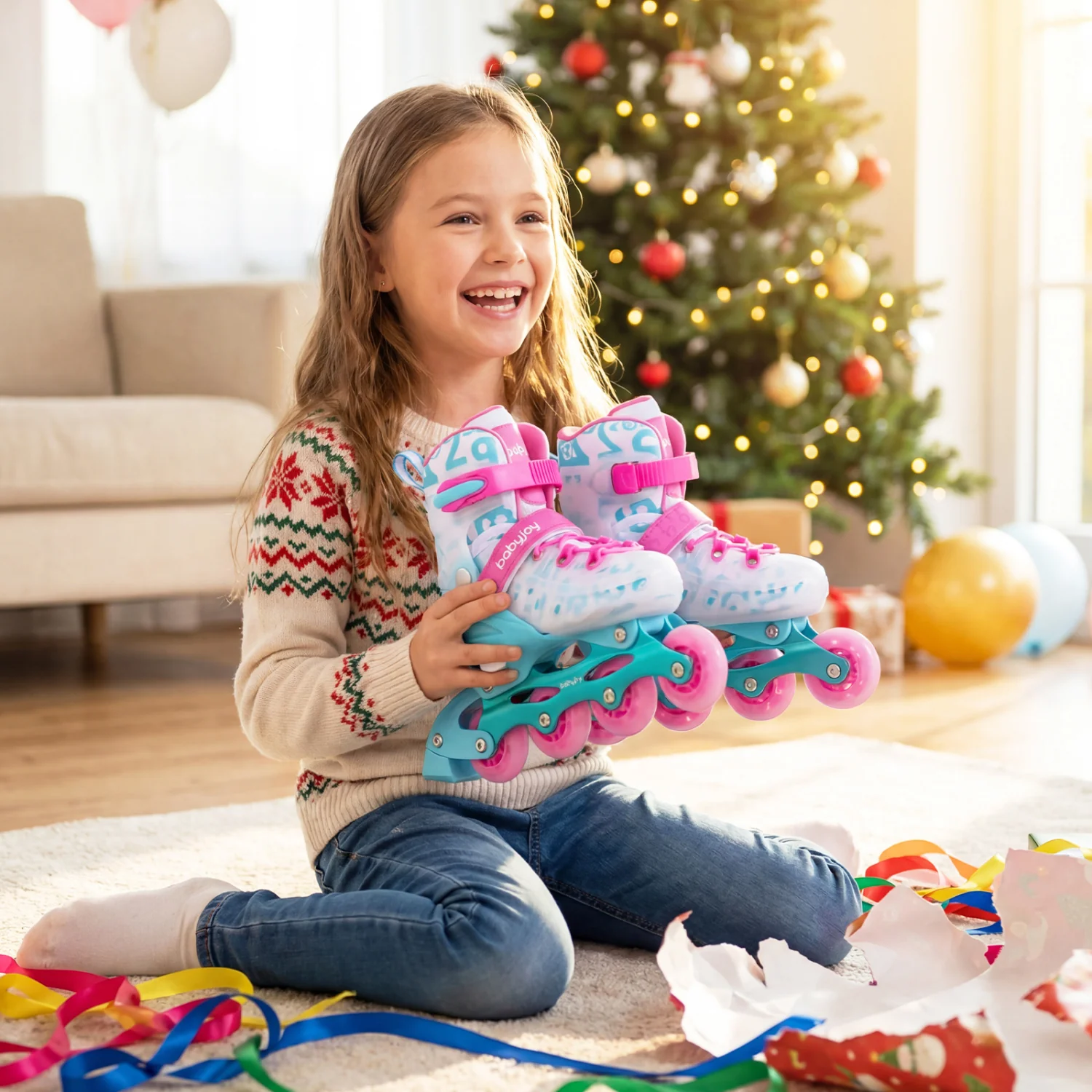 4-Size Adjustable Kids Inline Skates, Light Up Wheels, Pink, Blue - Image 2