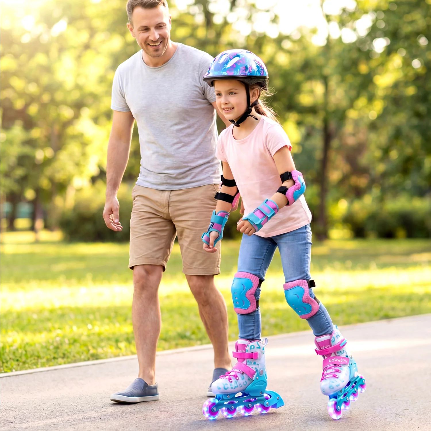 4-Size Adjustable Kids Inline Skates, Light Up Wheels, Pink, Blue - Image 3