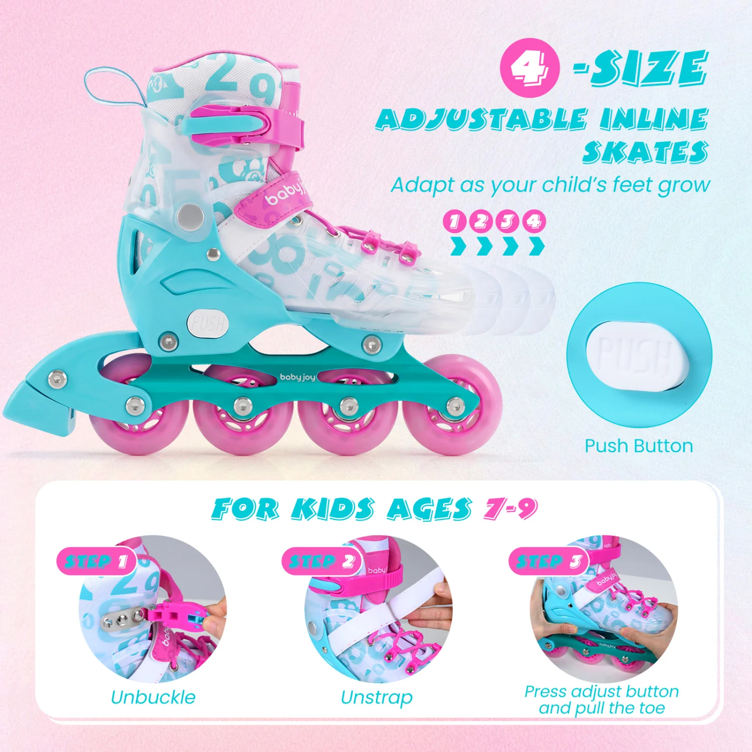 4-Size Adjustable Kids Inline Skates, Light Up Wheels, Pink, Blue - Image 7