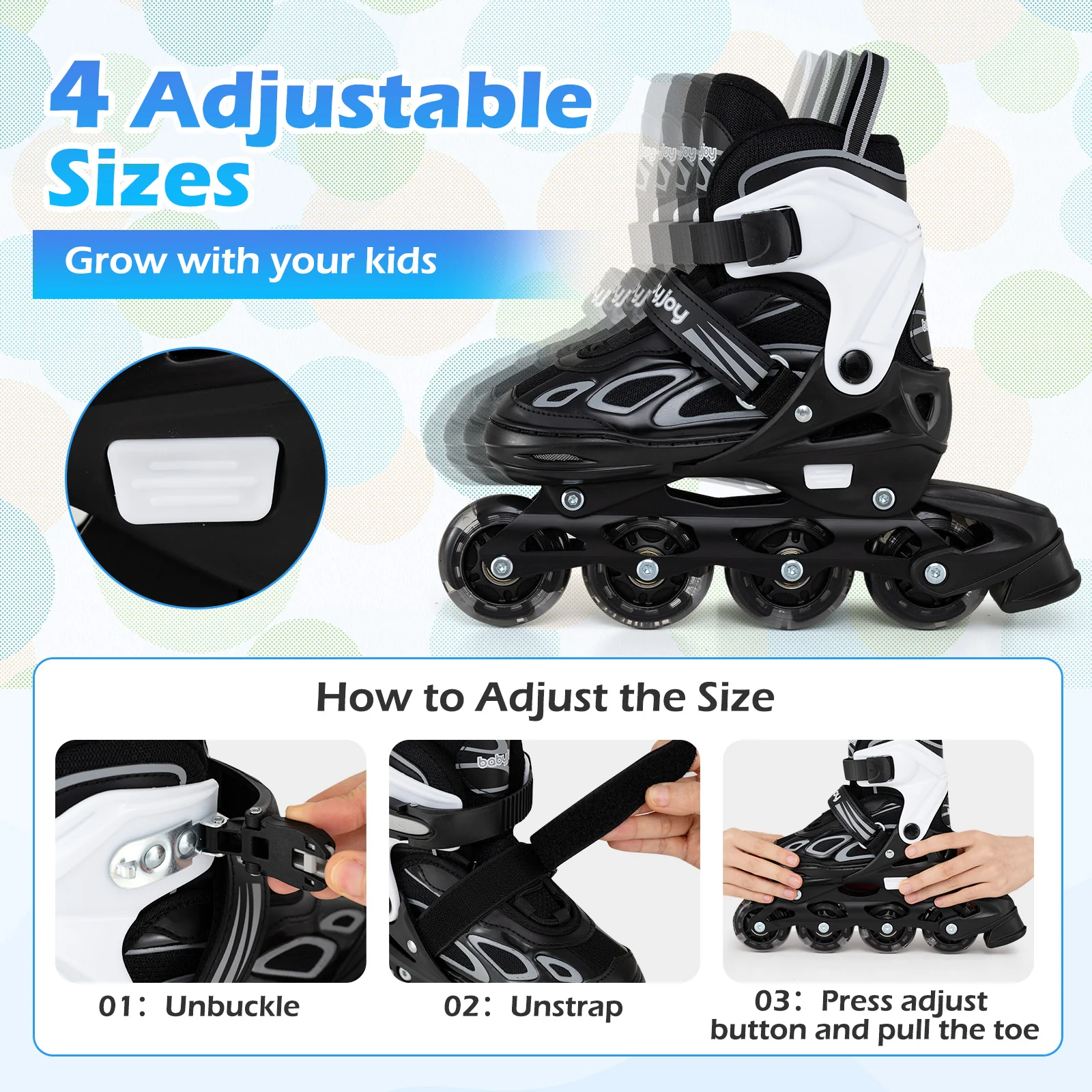 4 Sizes Adjustable Blade Roller with Light-up Wheels for Youth, Black - Image 8