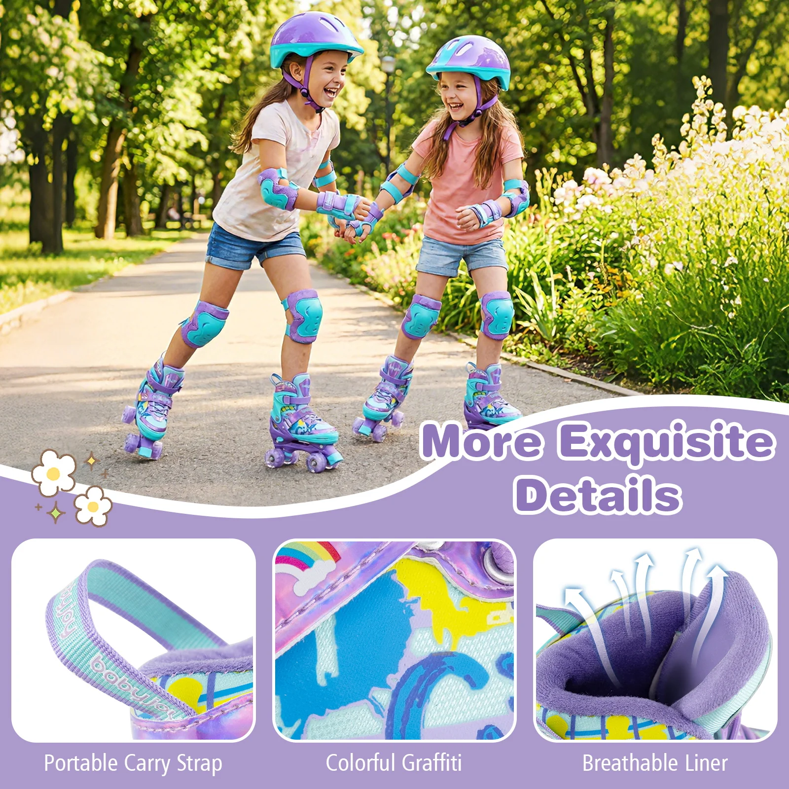 4 Sizes Adjustable Kids Roller Skates with Light-up Wheels and Safety Protection M Size, Purple - Image 10