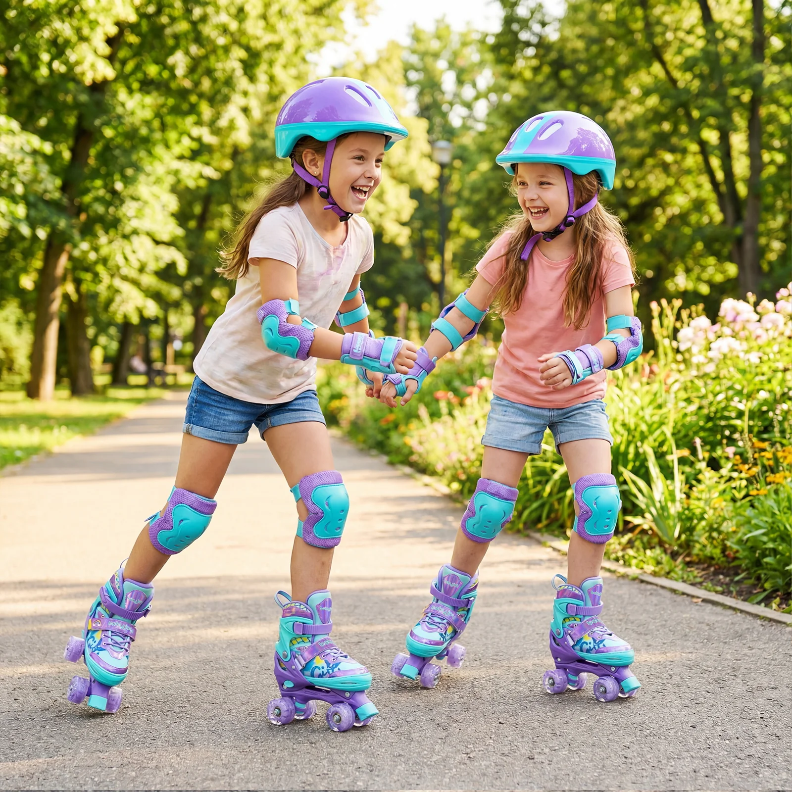 4 Sizes Adjustable Kids Roller Skates with Light-up Wheels and Safety Protection M Size, Purple - Image 3