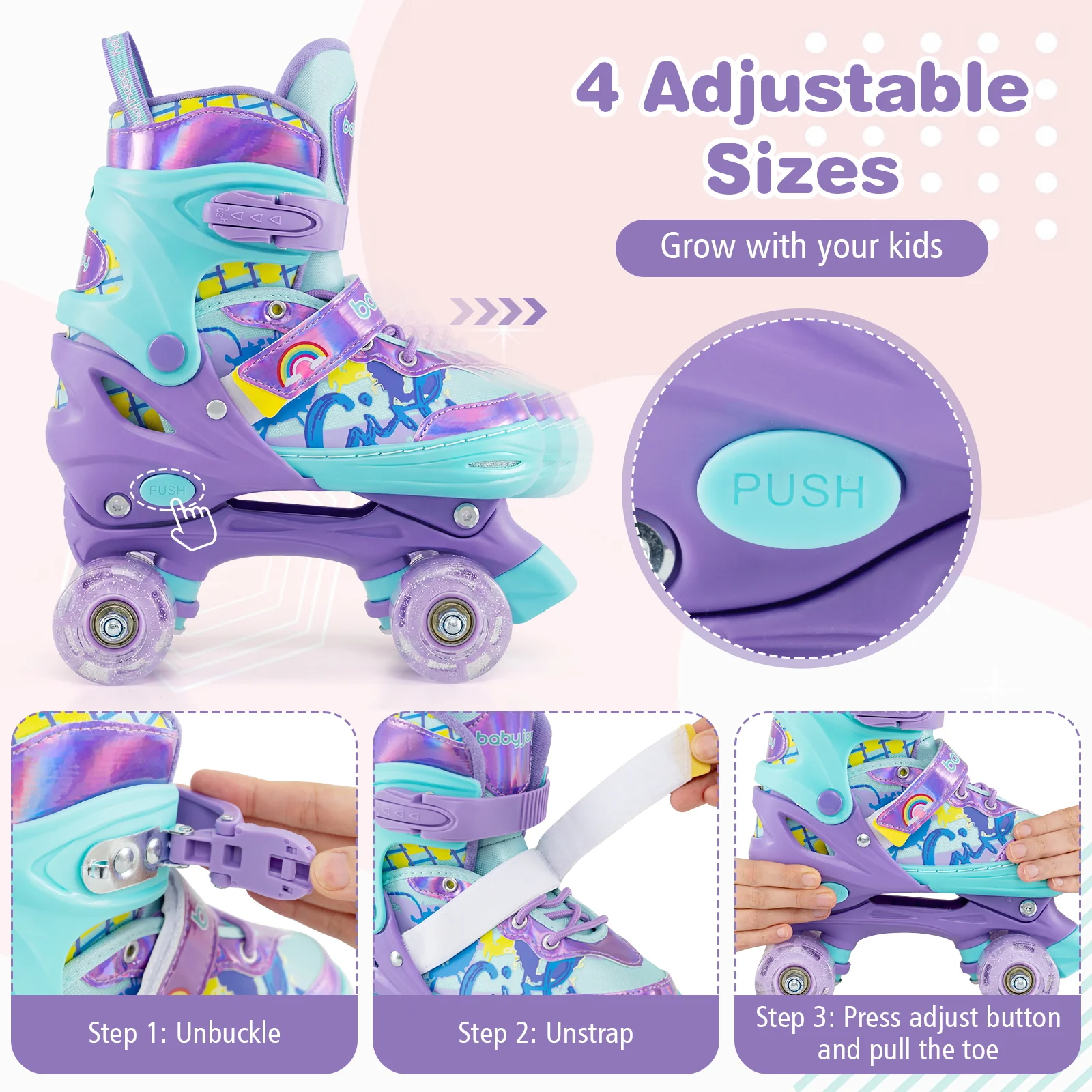 4 Sizes Adjustable Kids Roller Skates with Light-up Wheels and Safety Protection M Size, Purple - Image 7