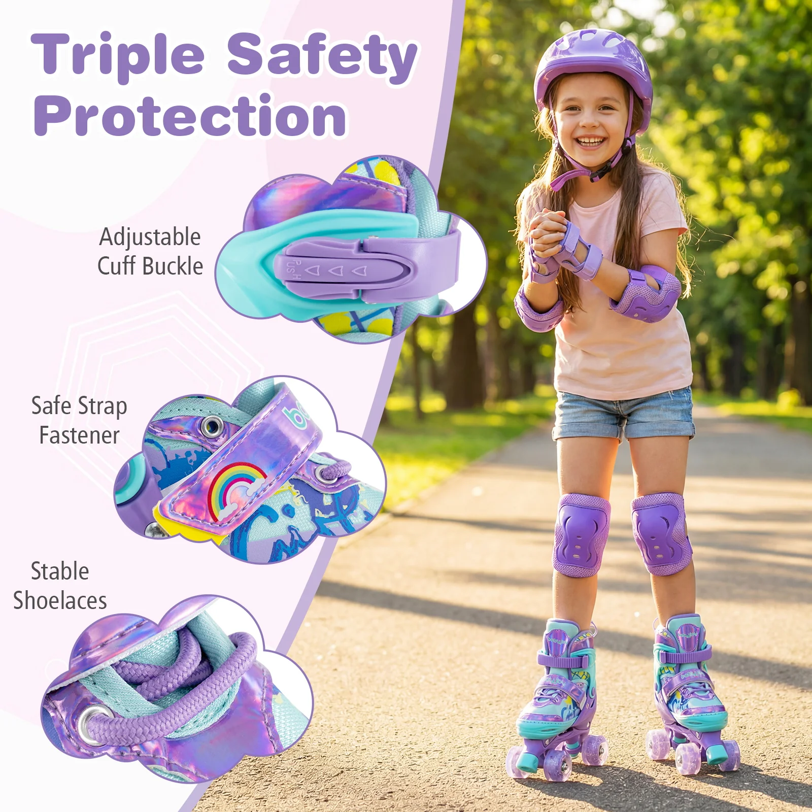 4 Sizes Adjustable Kids Roller Skates with Light-up Wheels and Safety Protection M Size, Purple - Image 9