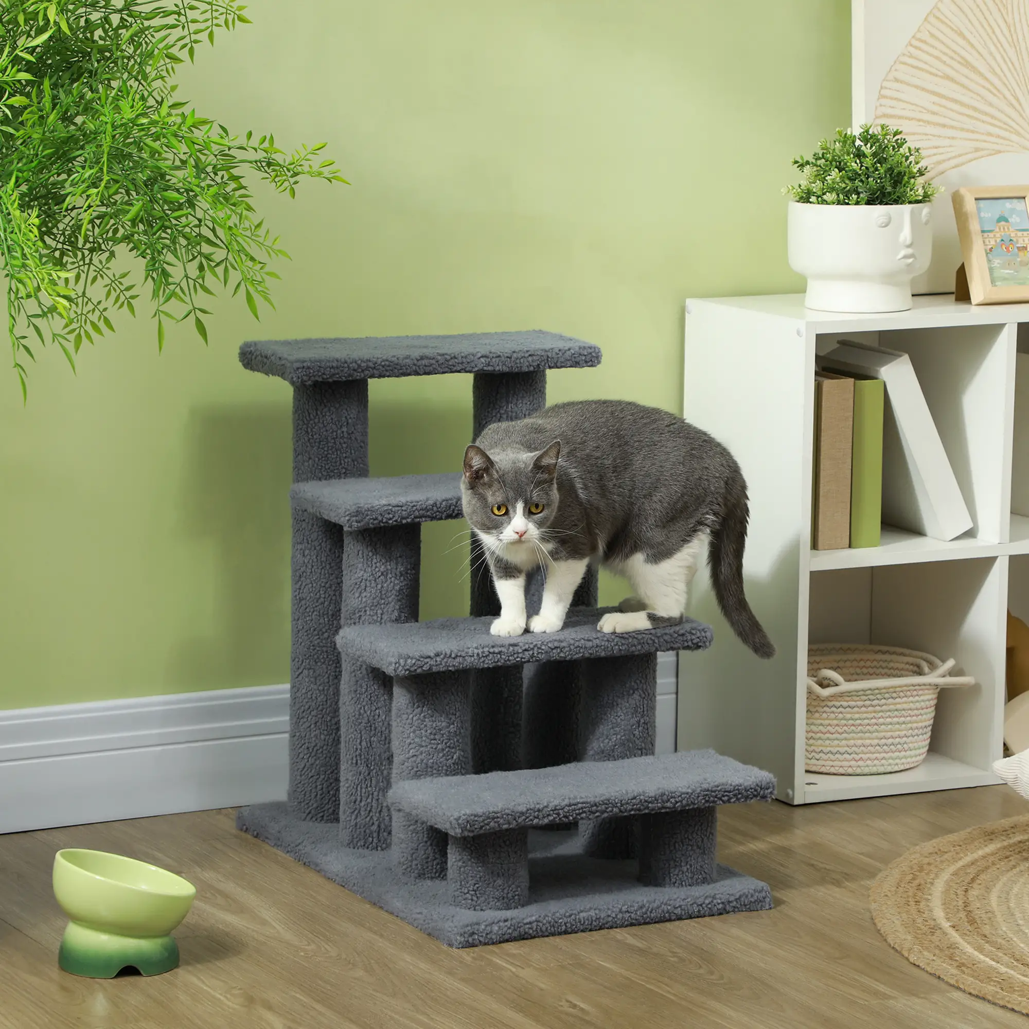 4-Step Carpeted Cat Scratching Post, Pet Stairs, Grey - Image 2