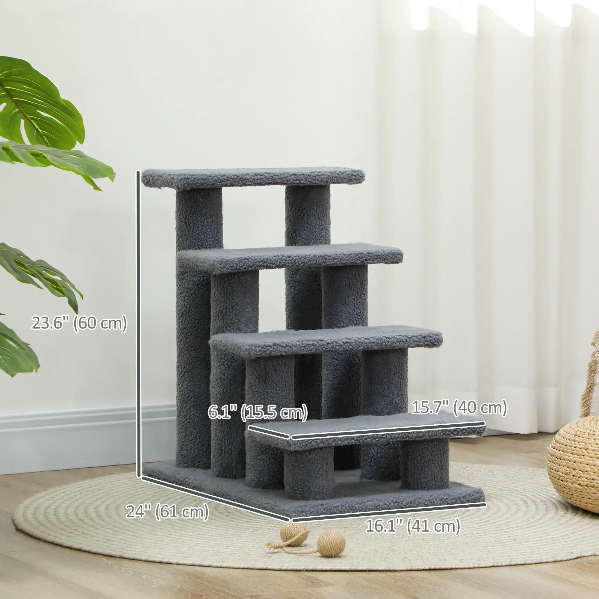 4-Step Carpeted Cat Scratching Post, Pet Stairs, Grey - Image 3