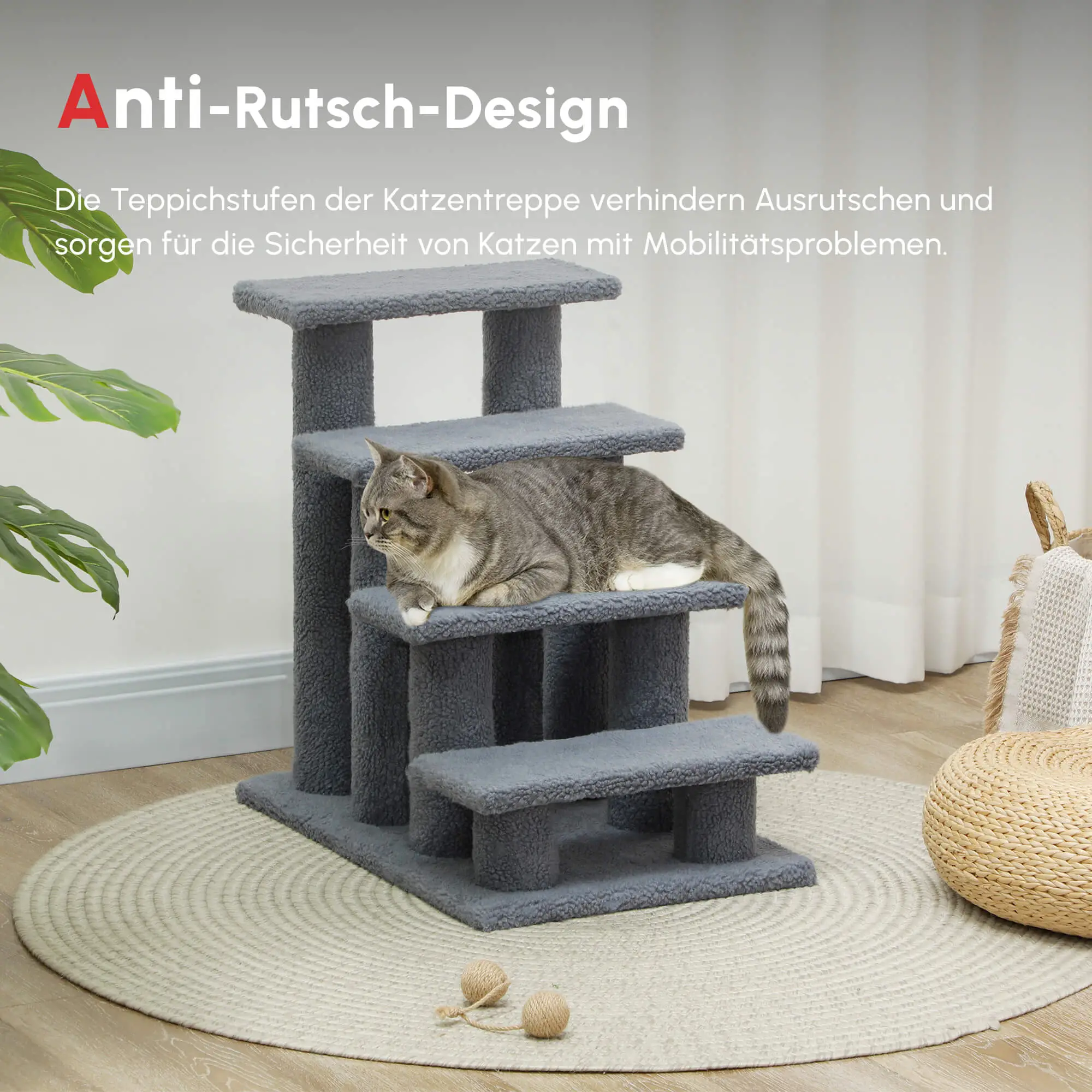 4-Step Carpeted Cat Scratching Post, Pet Stairs, Grey - Image 4