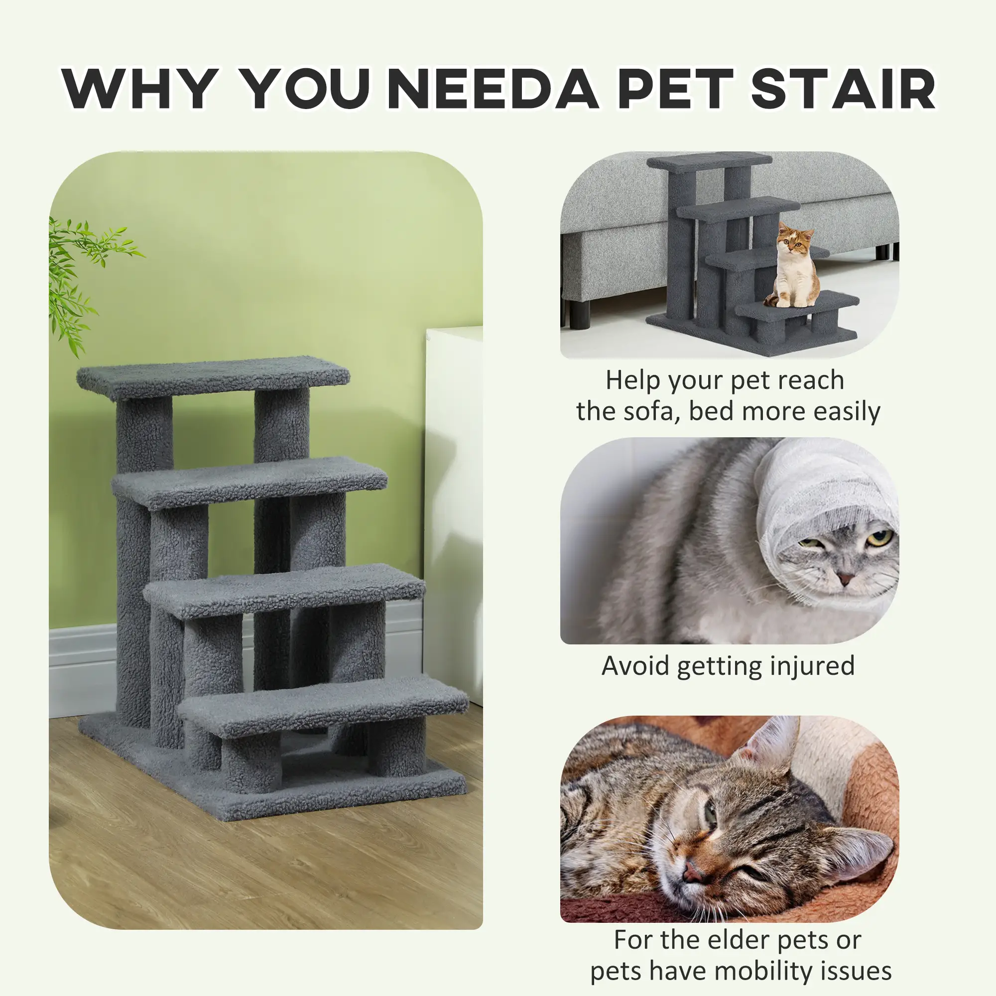 4-Step Carpeted Cat Scratching Post, Pet Stairs, Grey - Image 6