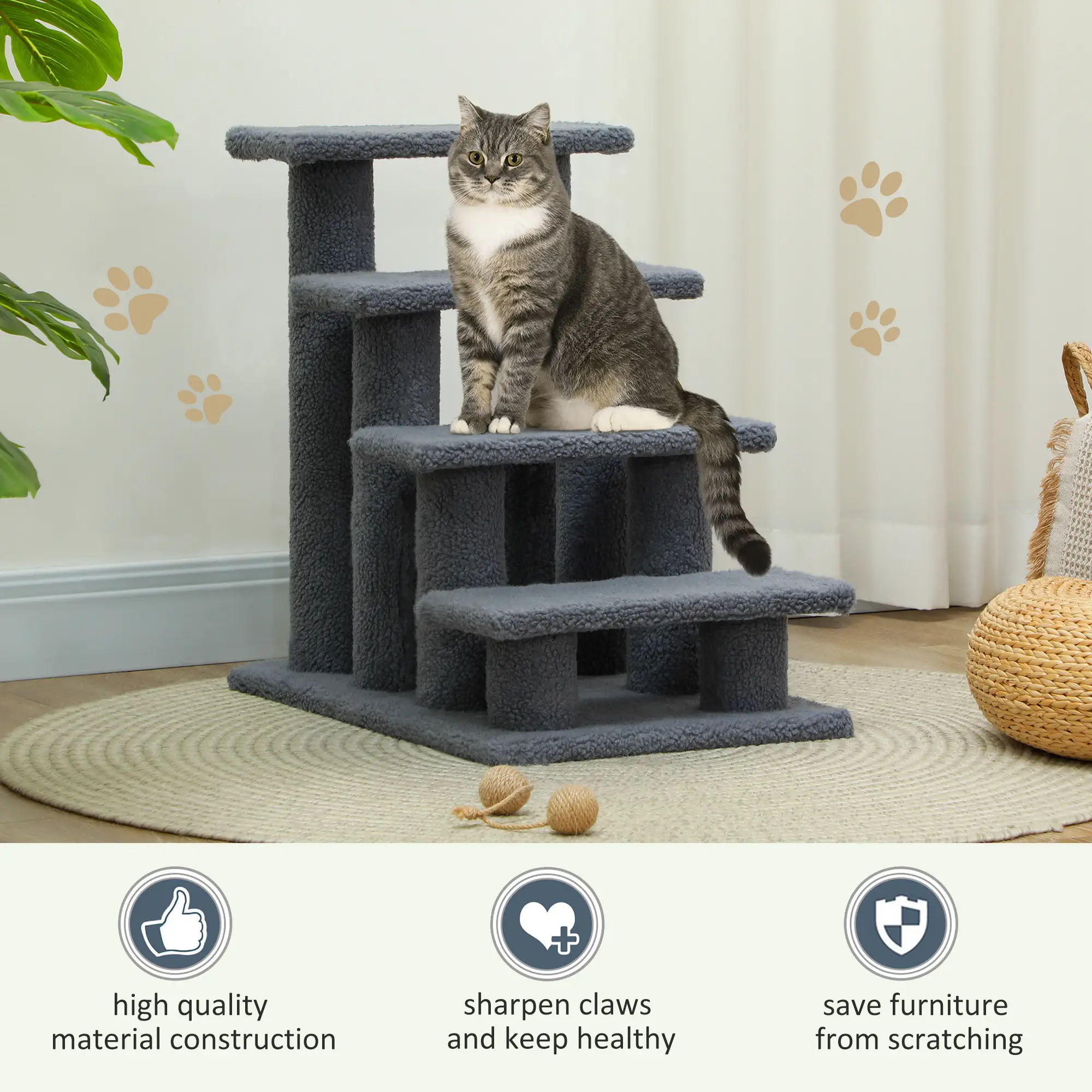 4-Step Carpeted Cat Scratching Post, Pet Stairs, Grey - Image 7