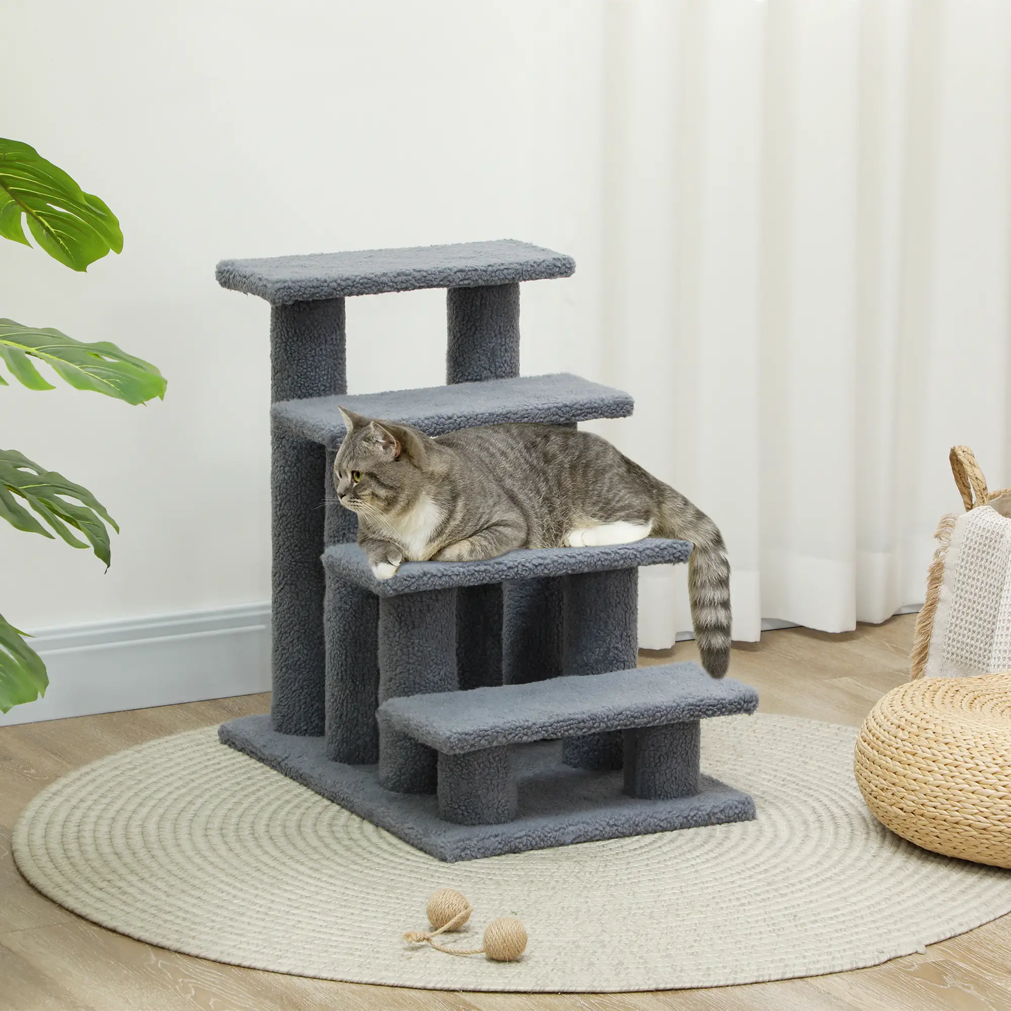4-Step Carpeted Cat Scratching Post, Pet Stairs, Grey - Image 9