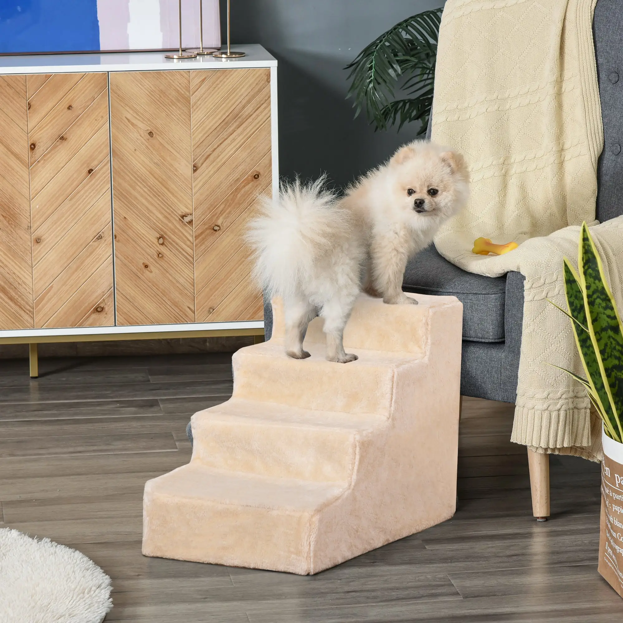 4-Step Dog Ramp for Sofa, Bed, Couch, Removable Cover, Beige - Image 2