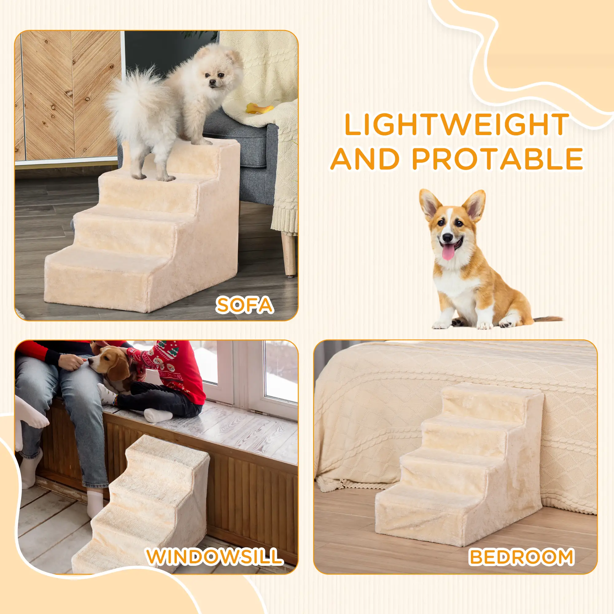 4-Step Dog Ramp for Sofa, Bed, Couch, Removable Cover, Beige - Image 7