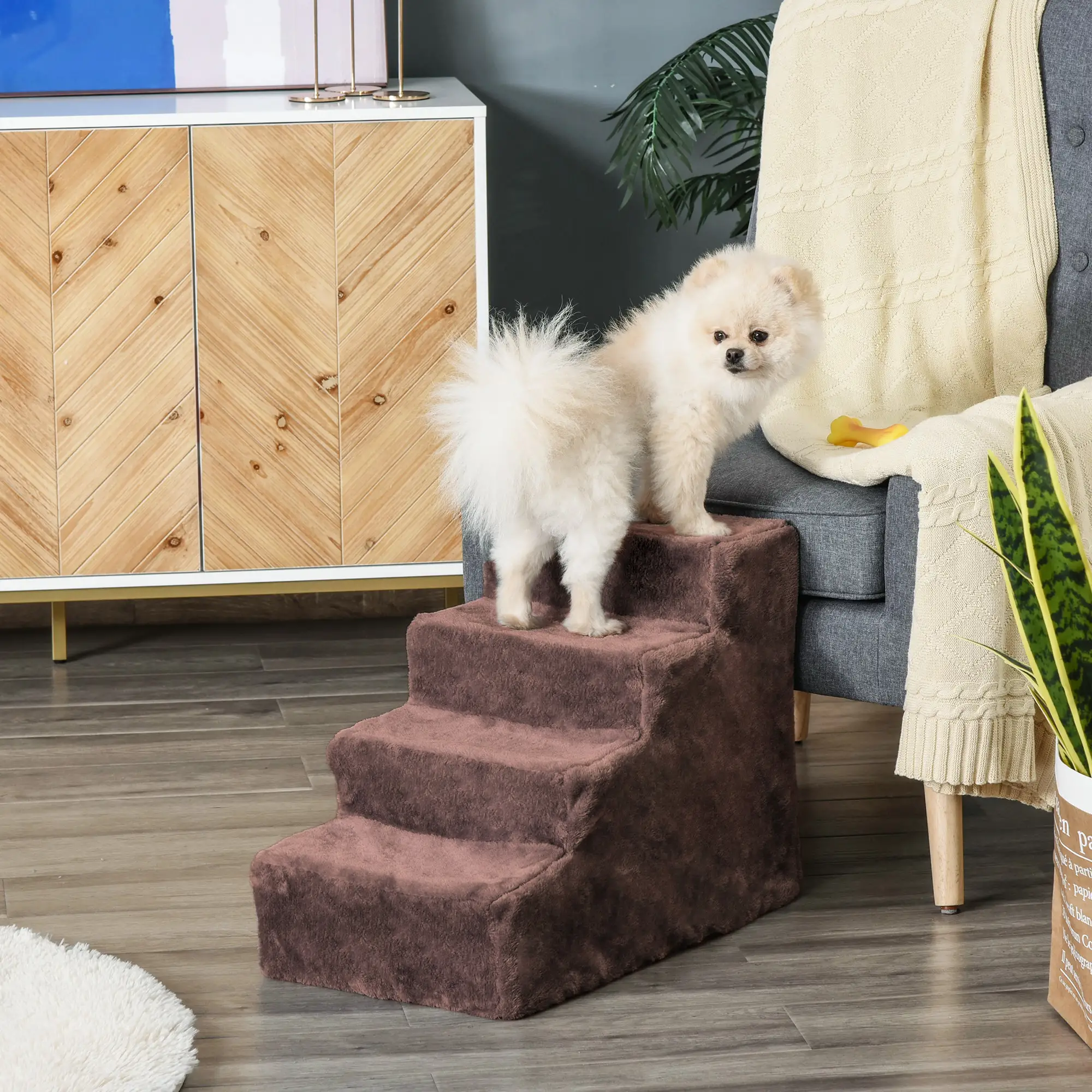 4-Step Dog Ramp for Sofa, Bed, Couch, Removable Cover, Brown - Image 2