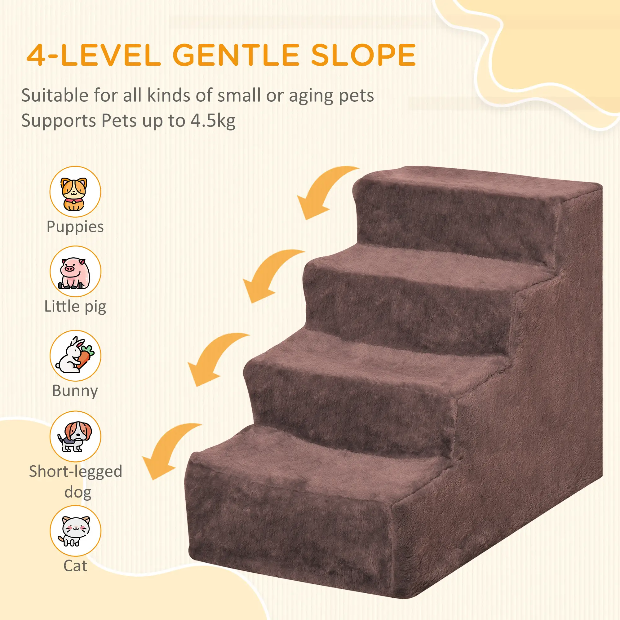 4-Step Dog Ramp for Sofa, Bed, Couch, Removable Cover, Brown - Image 4