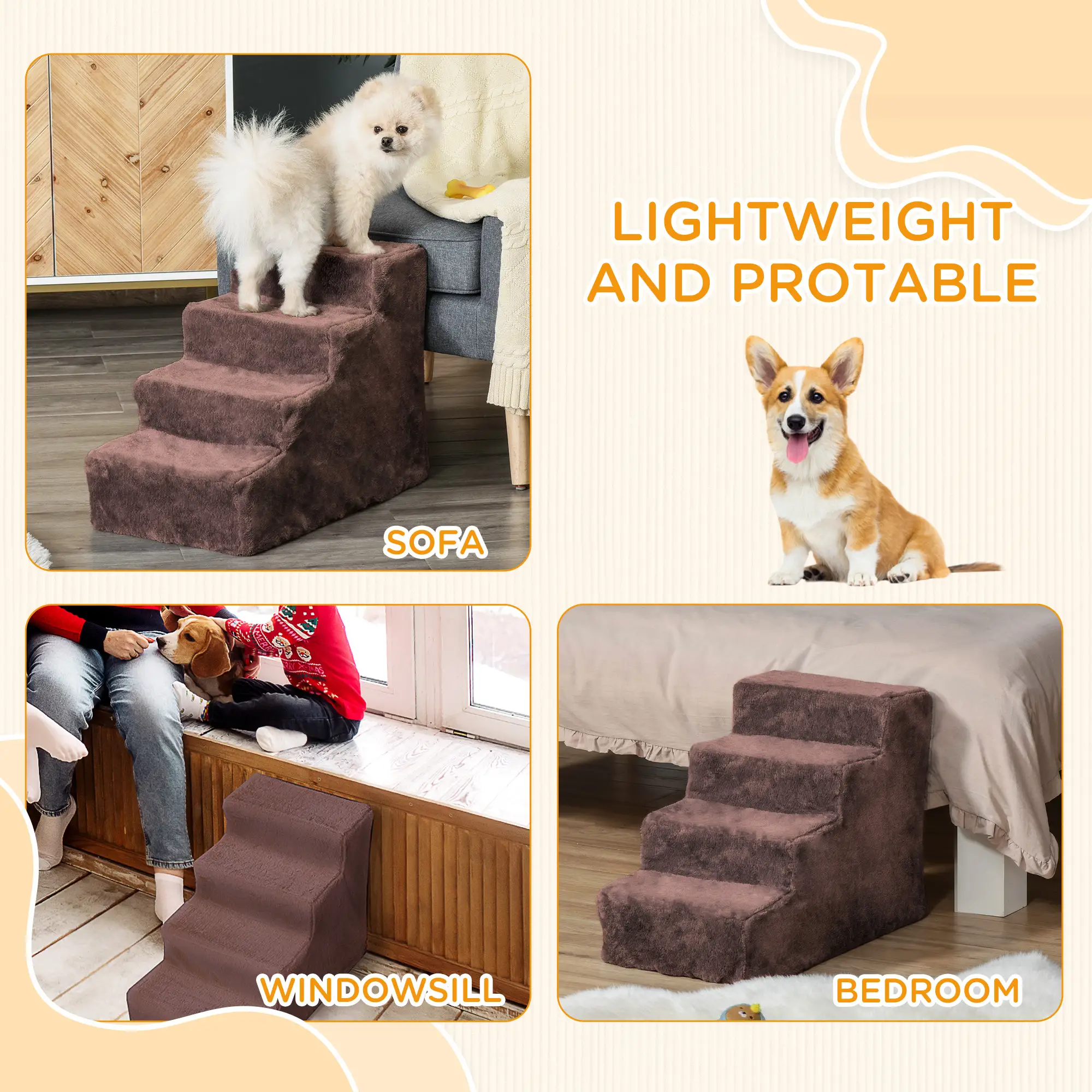 4-Step Dog Ramp for Sofa, Bed, Couch, Removable Cover, Brown - Image 7