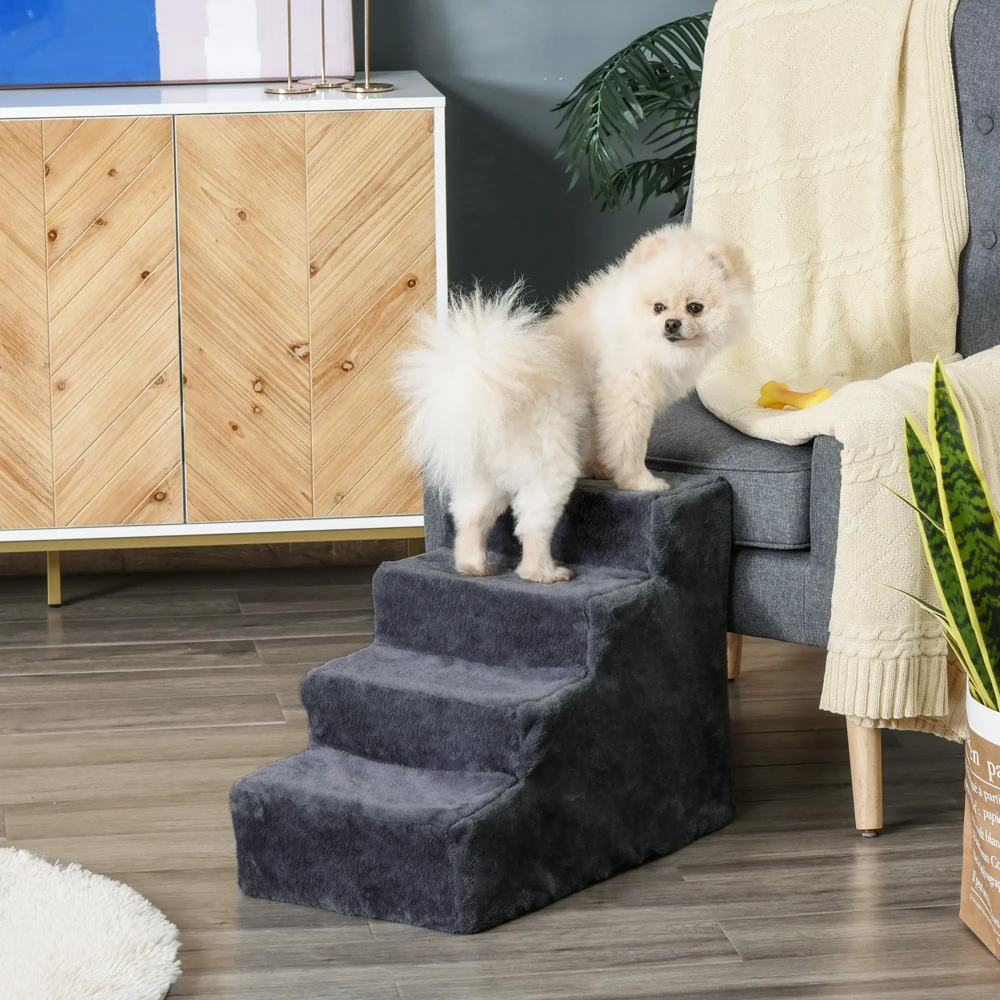 4-Step Dog Ramp for Sofa, Bed, Couch, Removable Cover, Dark Grey - Image 2