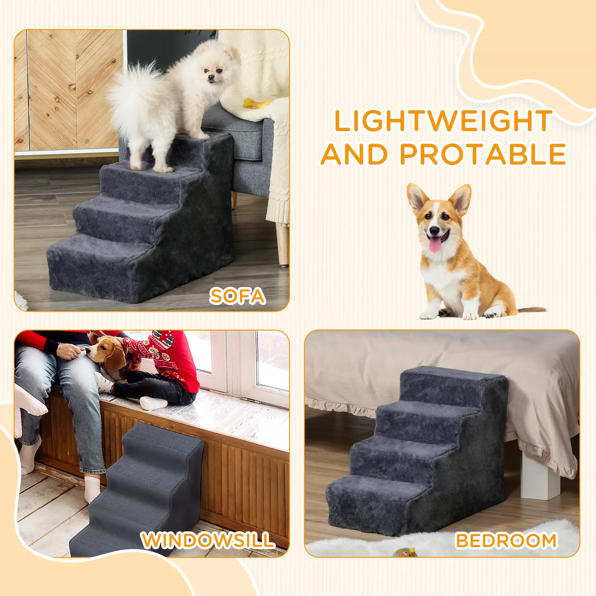 4-Step Dog Ramp for Sofa, Bed, Couch, Removable Cover, Dark Grey - Image 7