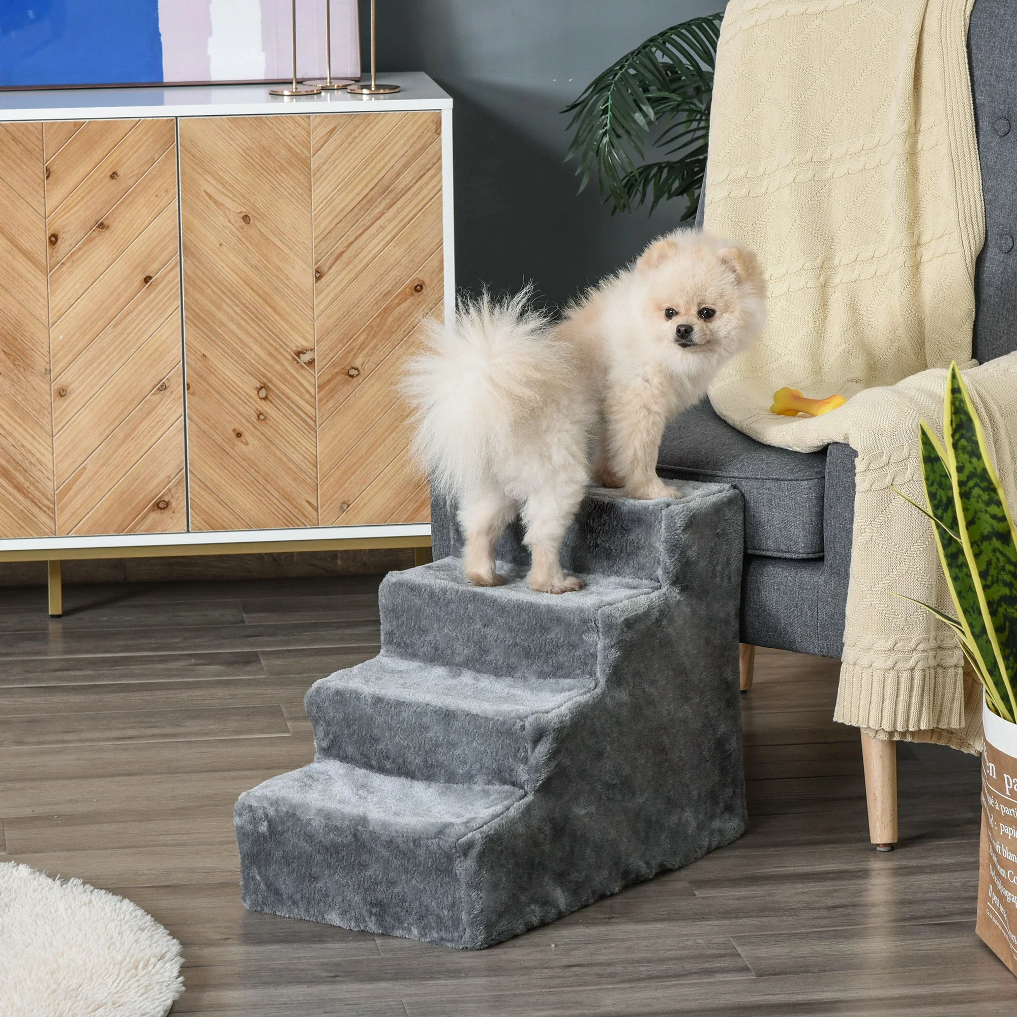 4-Step Dog Ramp for Sofa, Bed, Couch, Removable Cover, Light Grey - Image 2