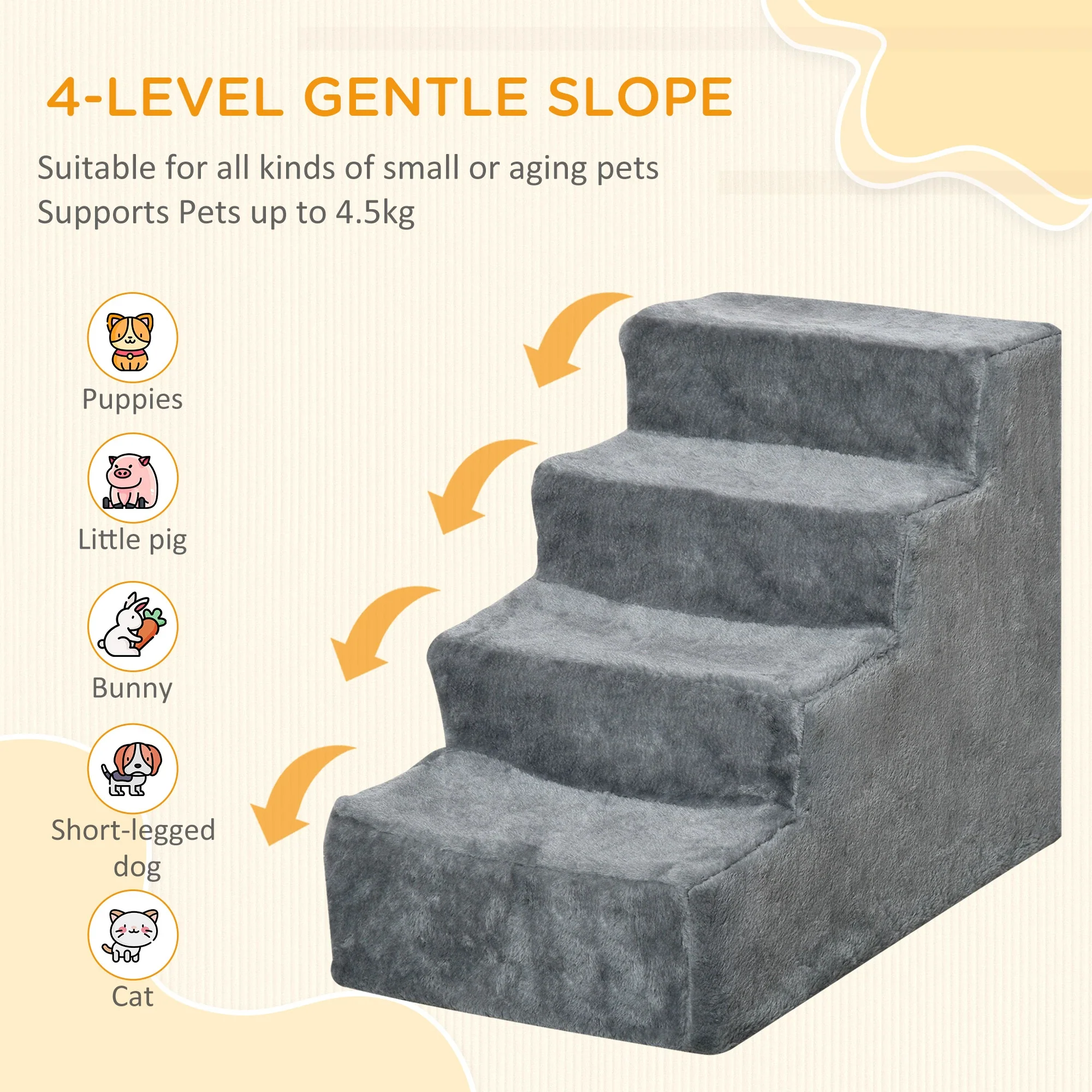 4-Step Dog Ramp for Sofa, Bed, Couch, Removable Cover, Light Grey - Image 4