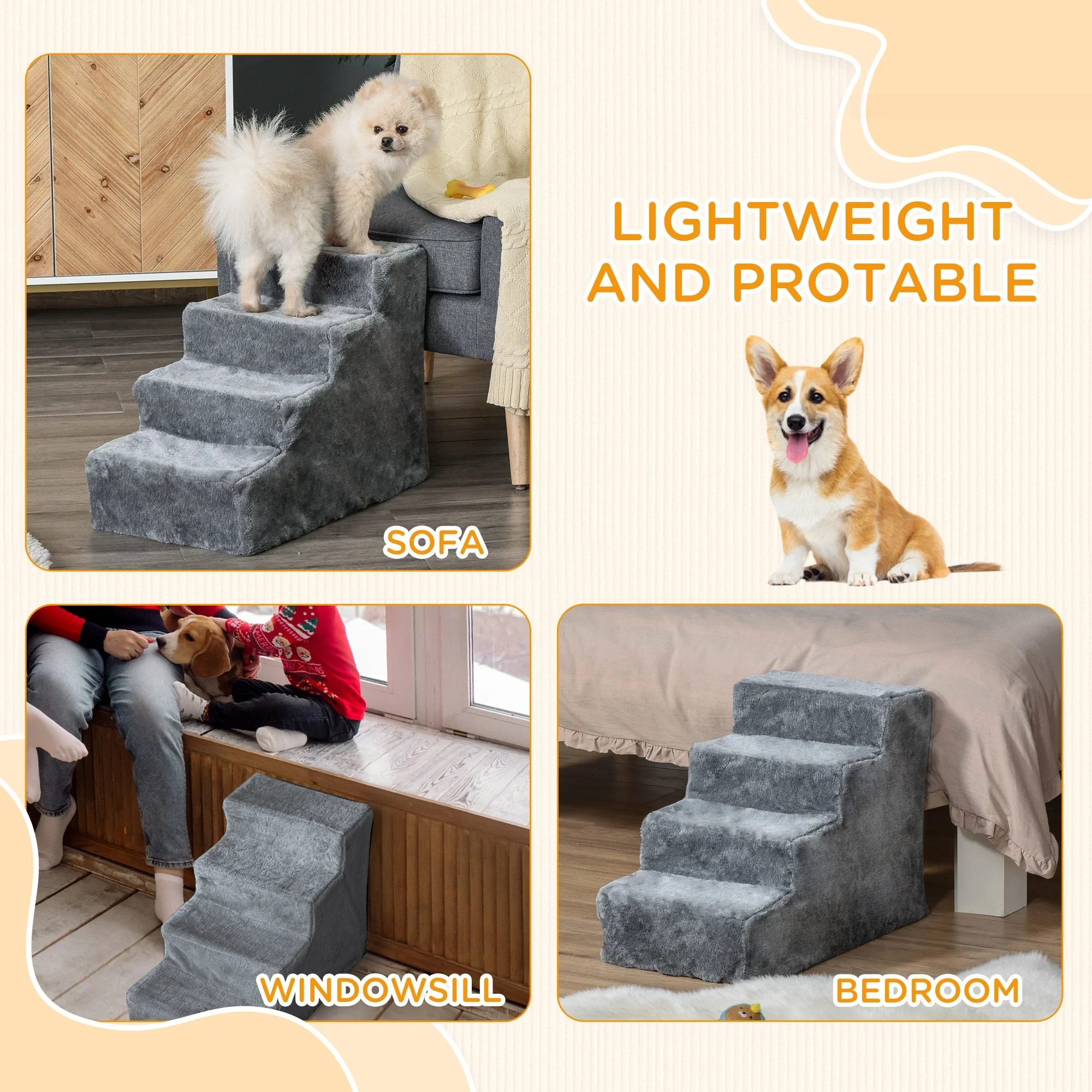 4-Step Dog Ramp for Sofa, Bed, Couch, Removable Cover, Light Grey - Image 7