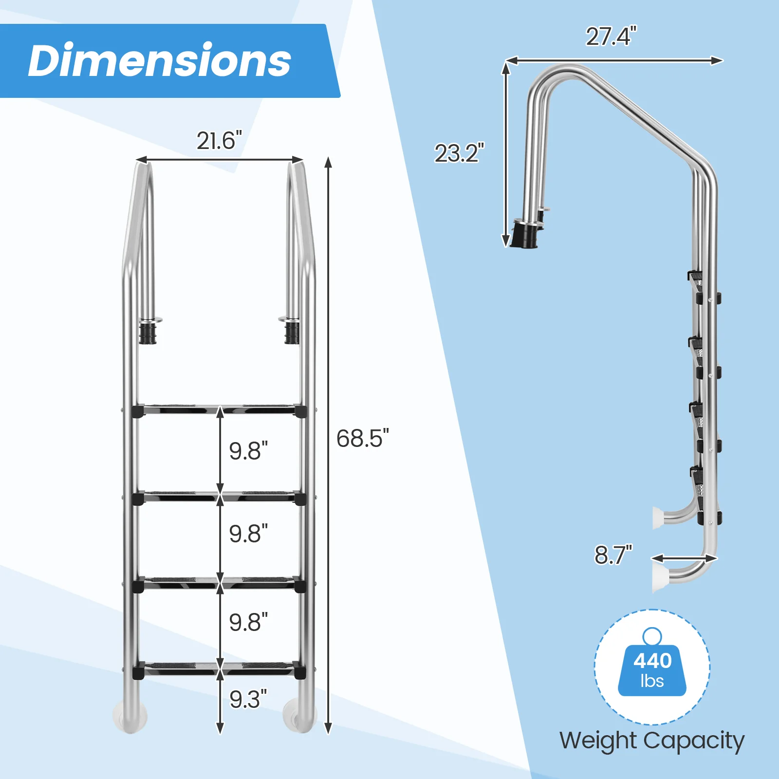 4-Step Inground Pool Ladder, Stainless Steel, Silver - Image 5