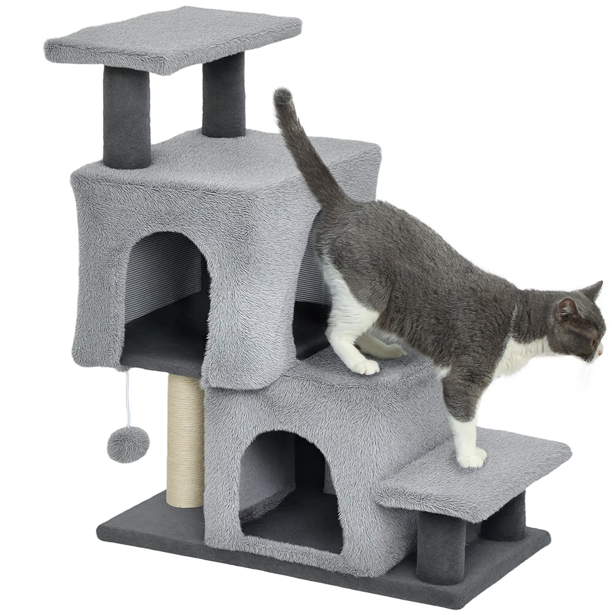 4-Step Pet Stairs, Adjustable Height, Scratching Posts, Hanging Ball, Grey - Image 11