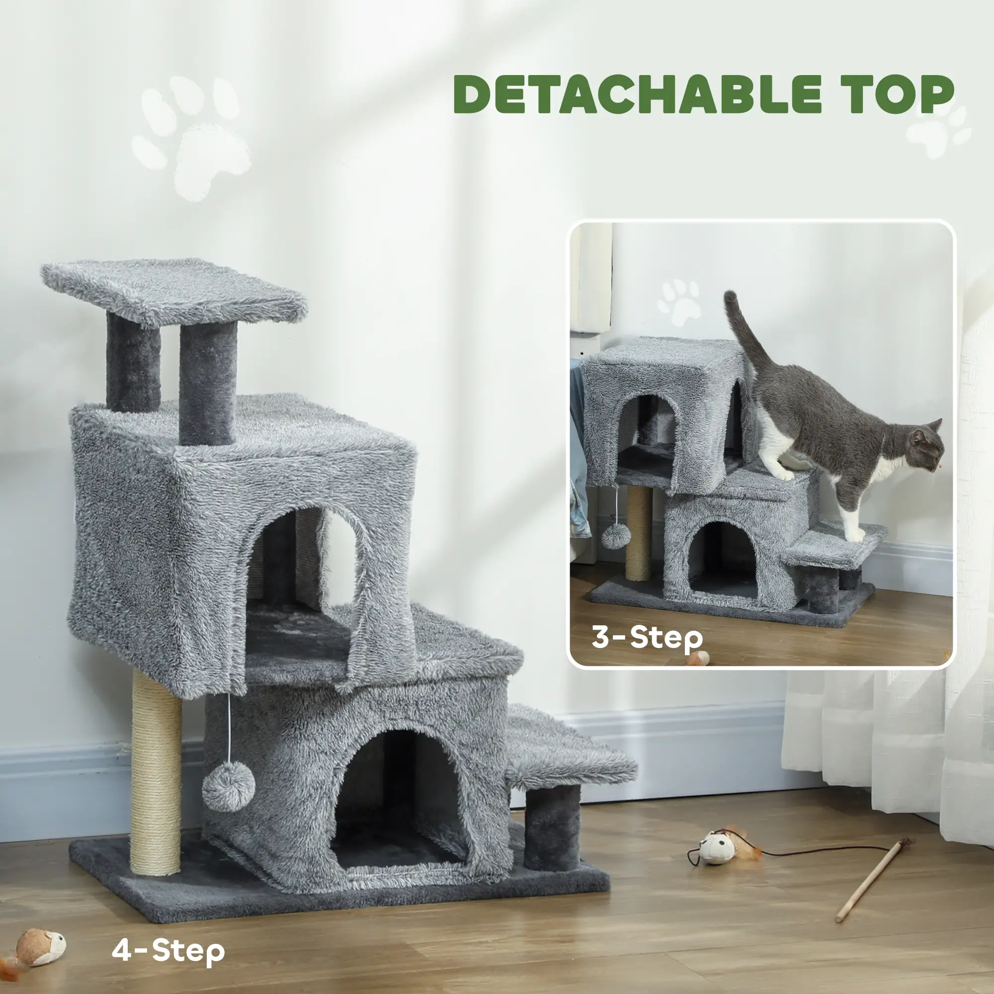 4-Step Pet Stairs, Adjustable Height, Scratching Posts, Hanging Ball, Grey - Image 4