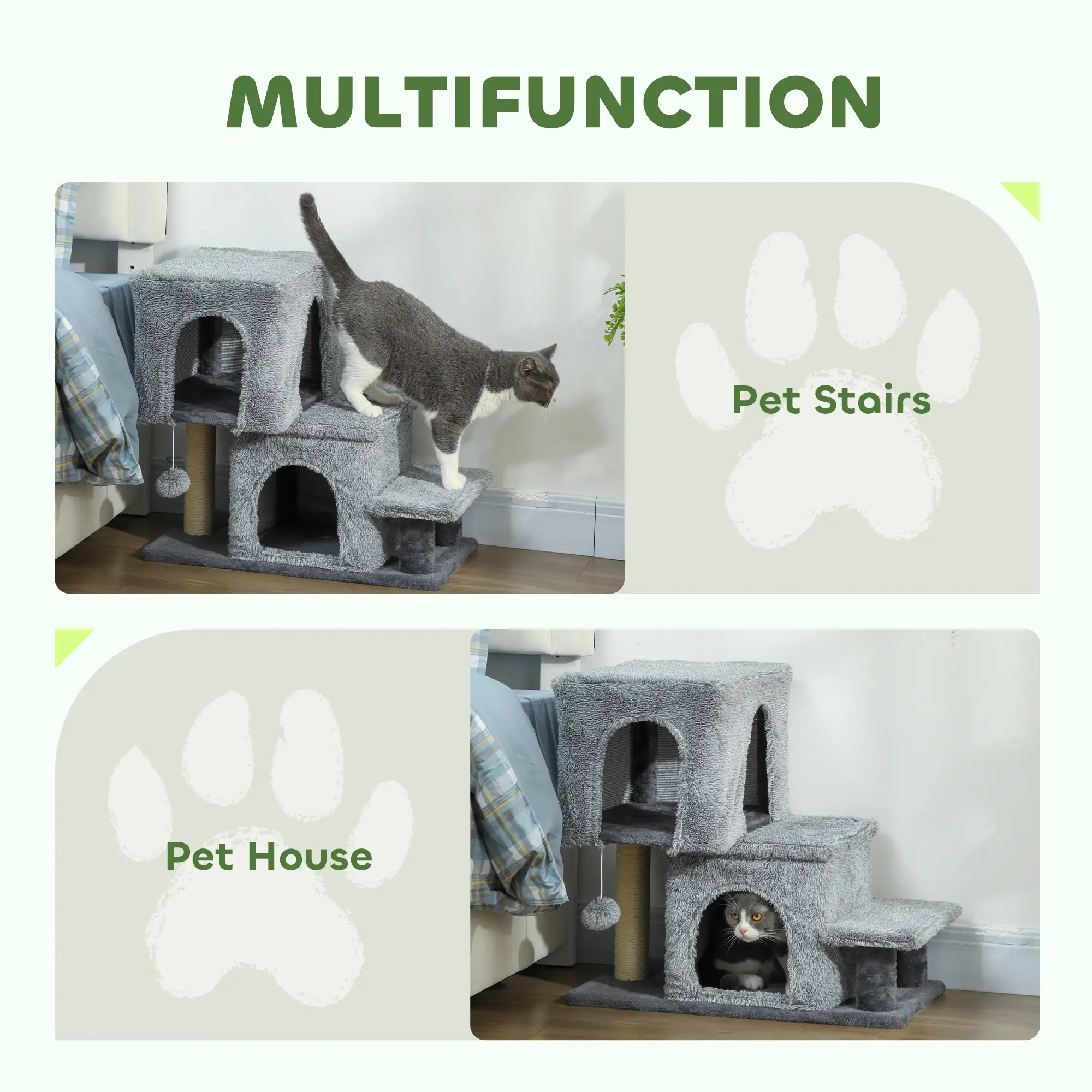 4-Step Pet Stairs, Adjustable Height, Scratching Posts, Hanging Ball, Grey - Image 5