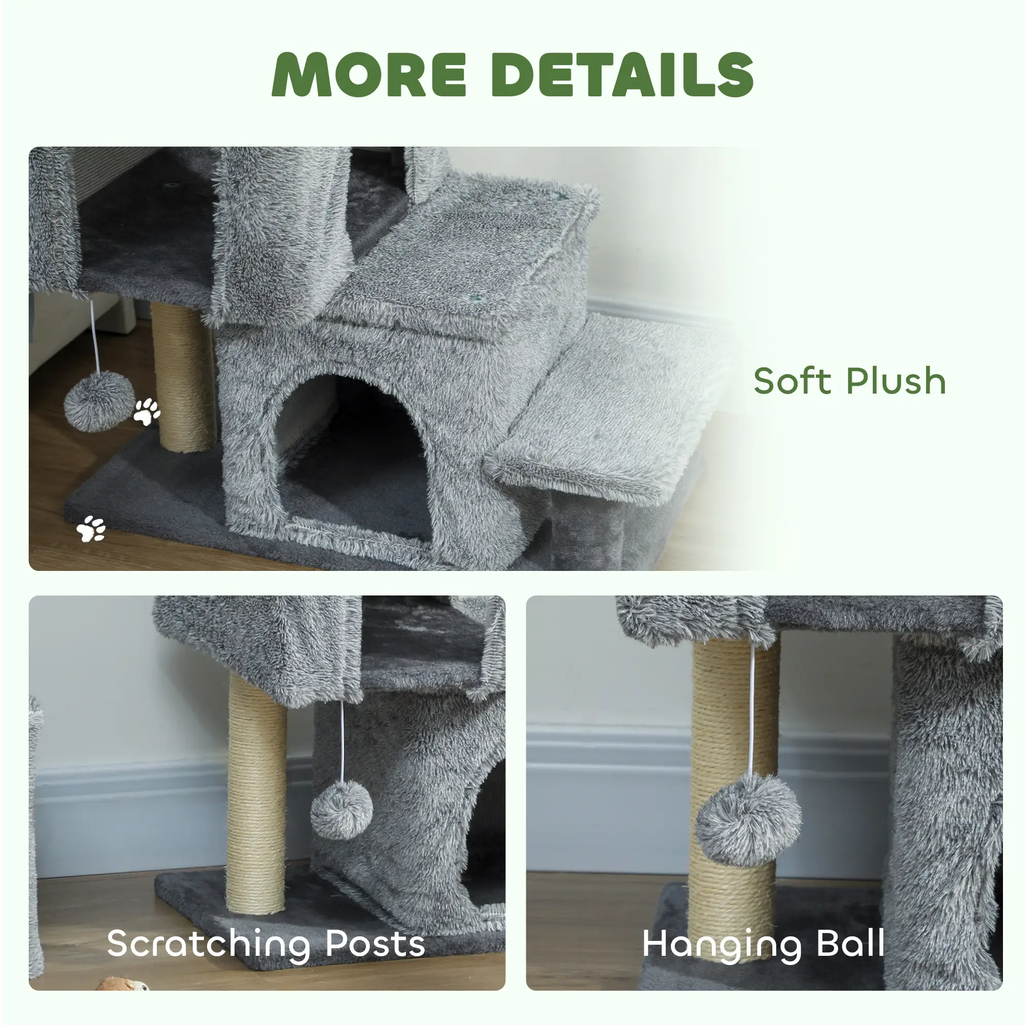 4-Step Pet Stairs, Adjustable Height, Scratching Posts, Hanging Ball, Grey - Image 6