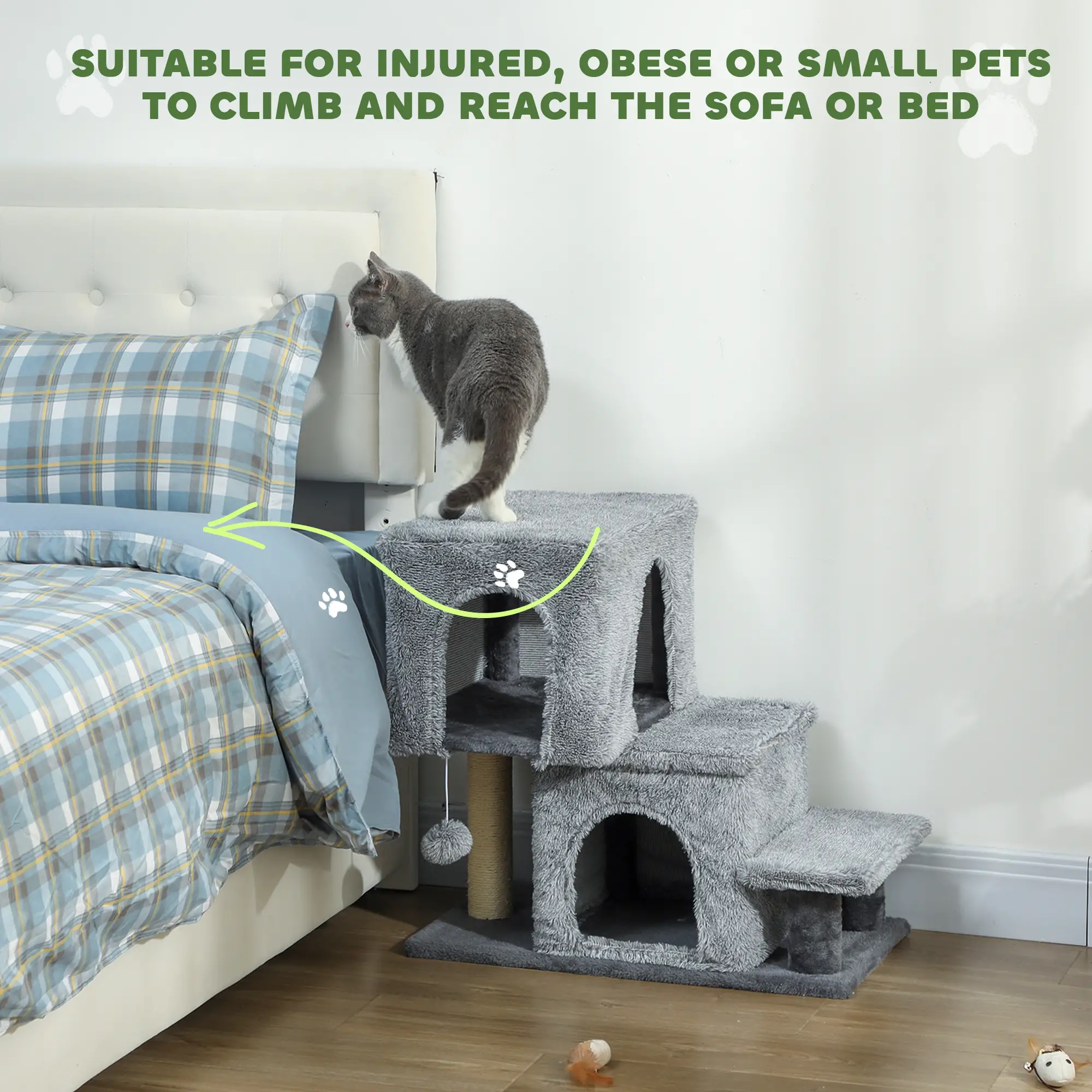 4-Step Pet Stairs, Adjustable Height, Scratching Posts, Hanging Ball, Grey - Image 7