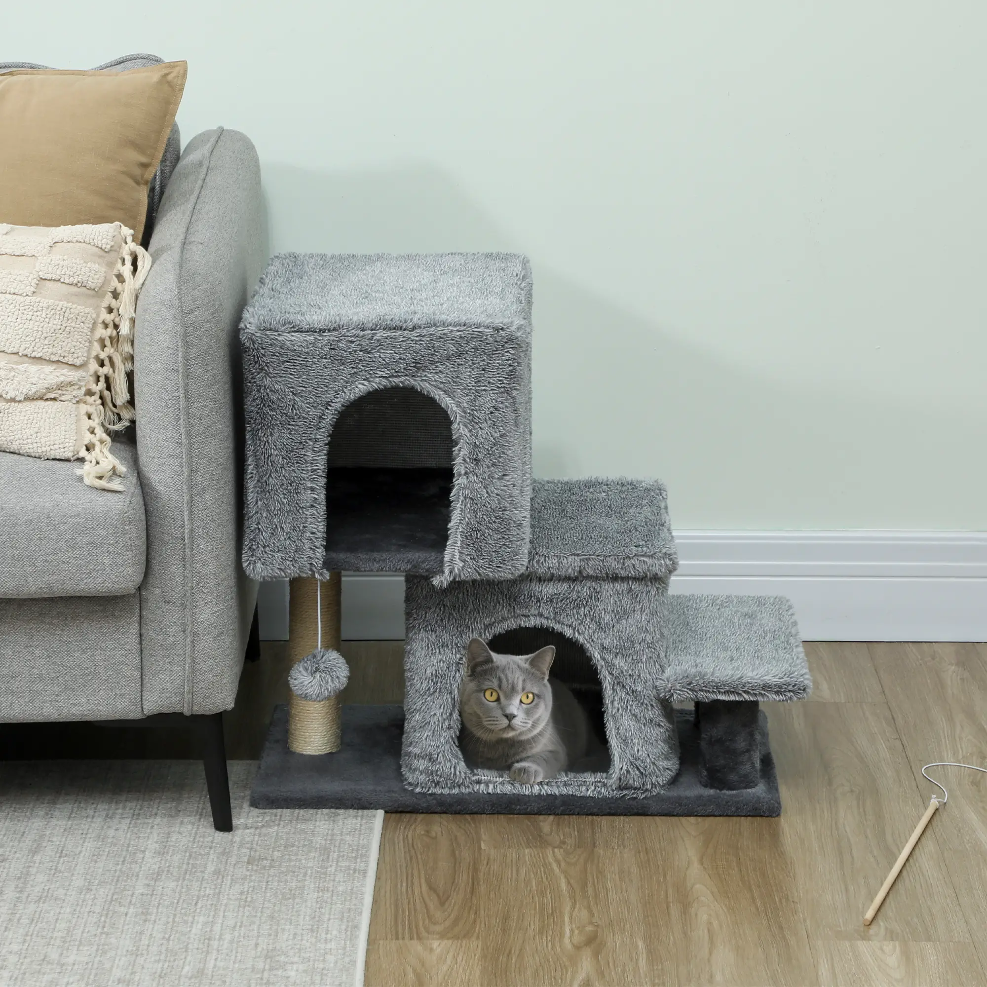 4-Step Pet Stairs, Adjustable Height, Scratching Posts, Hanging Ball, Grey - Image 8
