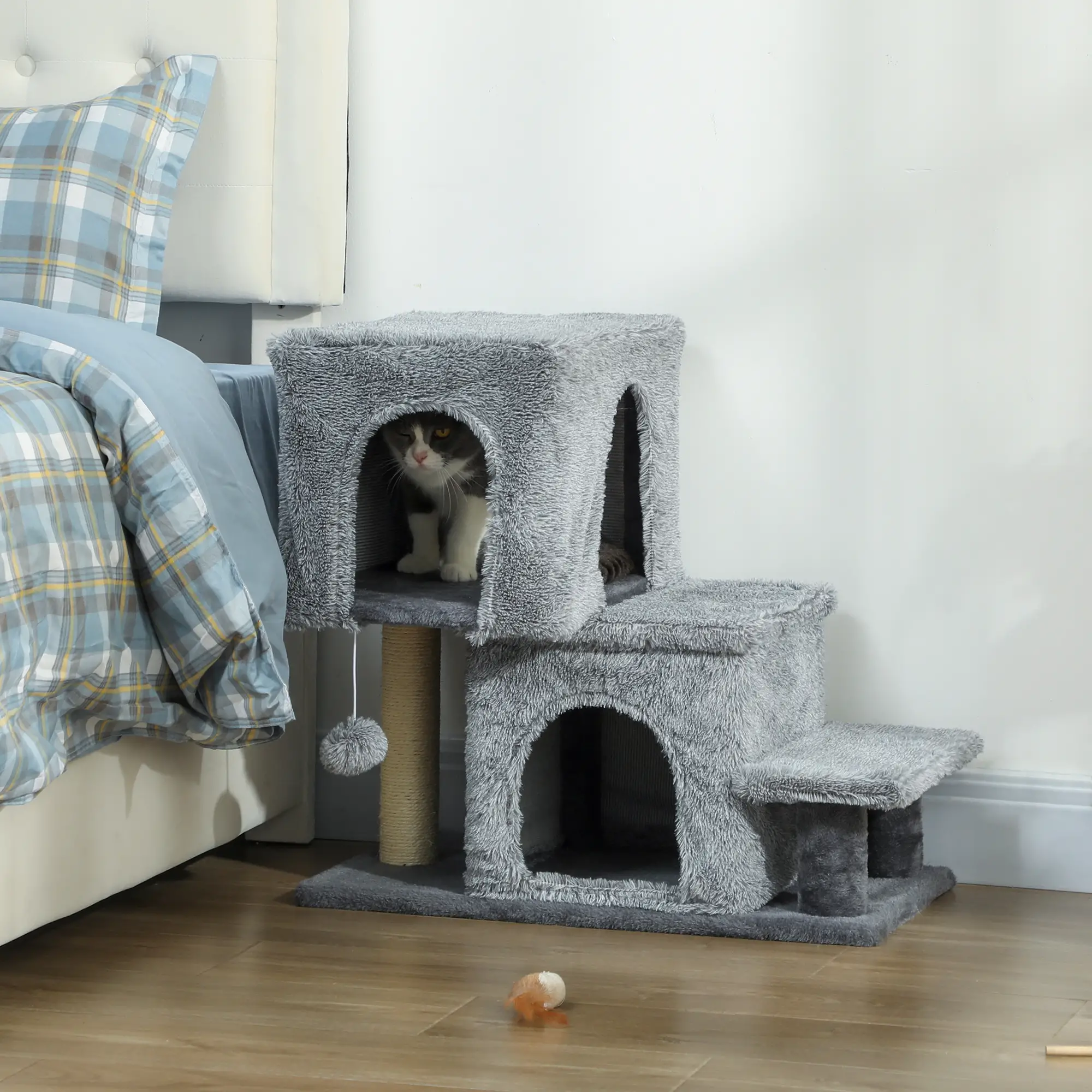 4-Step Pet Stairs, Adjustable Height, Scratching Posts, Hanging Ball, Grey - Image 9