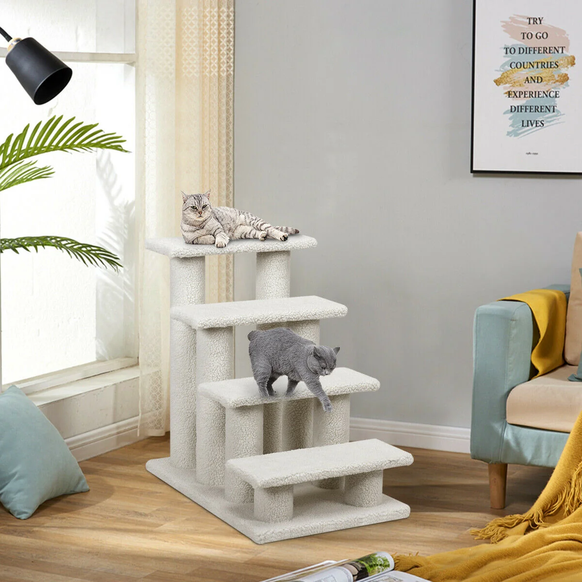 4-Step Pet Stairs, Carpeted Ladder Ramp, Cat Tree Climber, Beige - Image 2