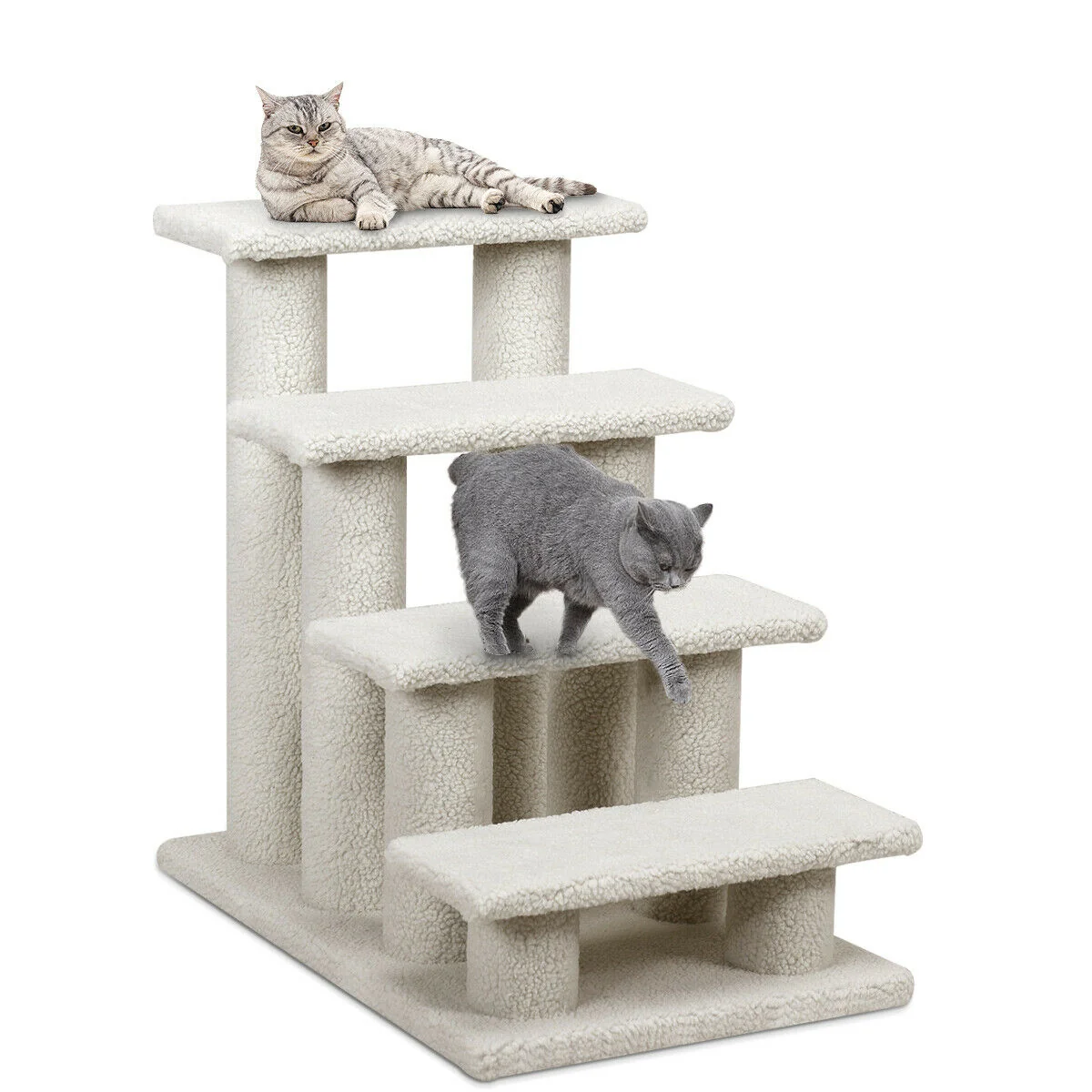 4-Step Pet Stairs, Carpeted Ladder Ramp, Cat Tree Climber, Beige - Image 5