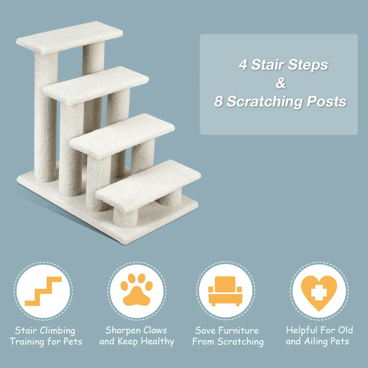 4-Step Pet Stairs, Carpeted Ladder Ramp, Cat Tree Climber, Beige - Image 7