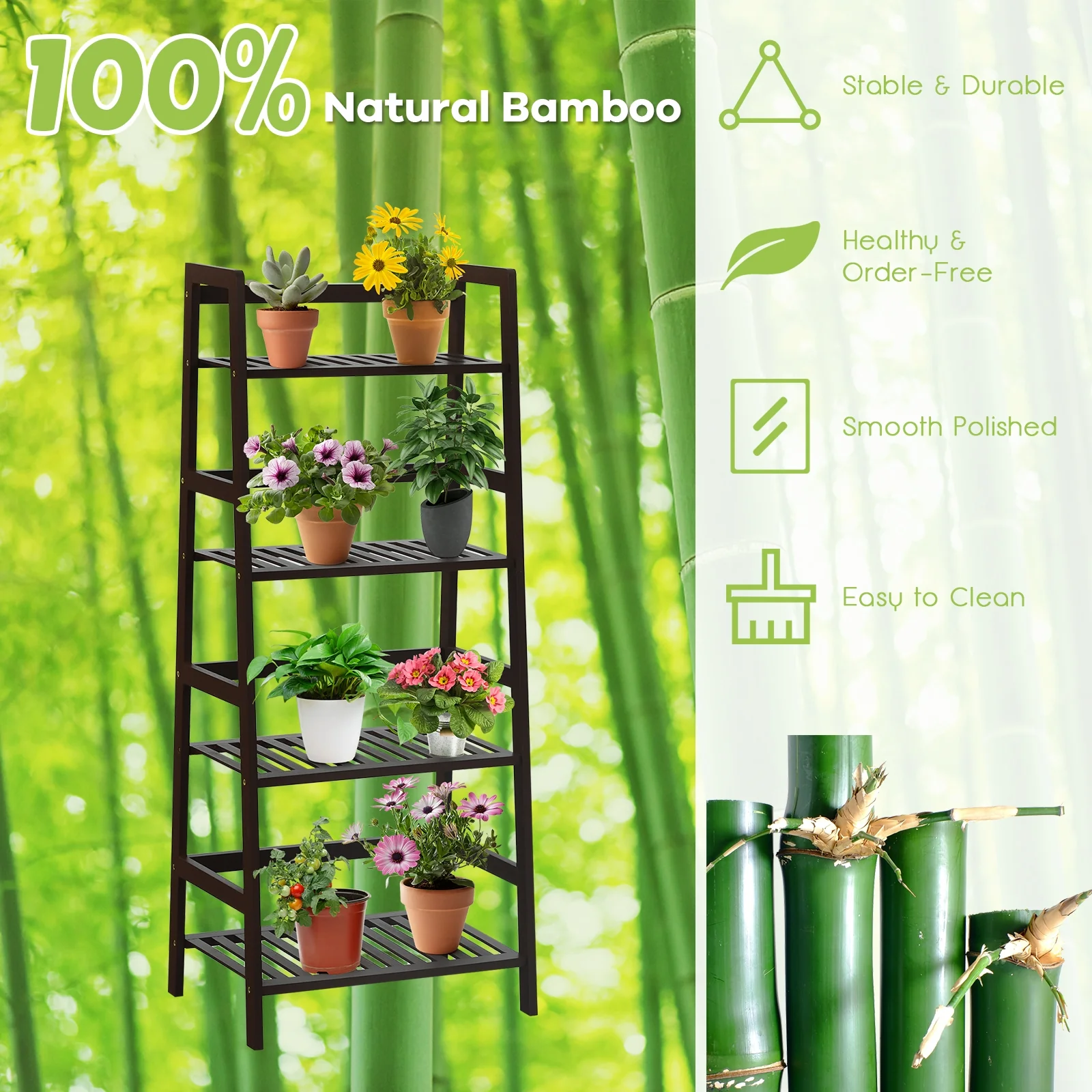 4-Tier Bamboo Plant Rack With Guardrails, Brown - Image 10