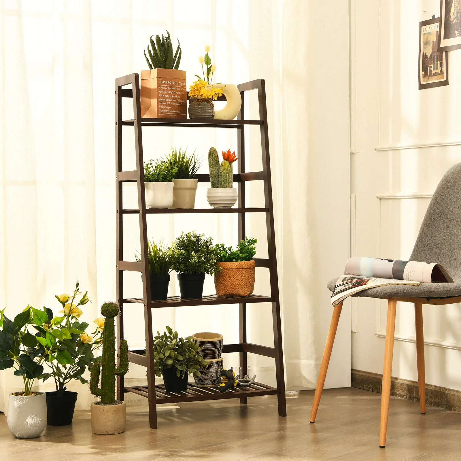 4-Tier Bamboo Plant Rack With Guardrails, Brown - Image 2