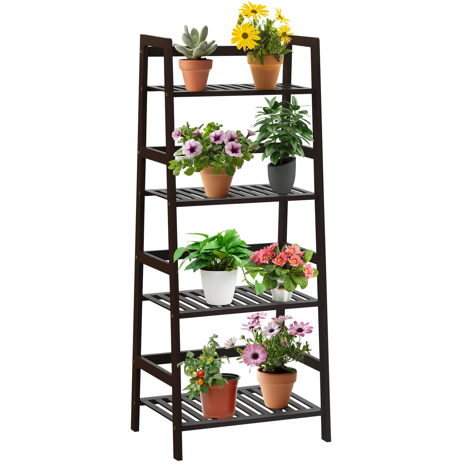 4-Tier Bamboo Plant Rack With Guardrails, Brown - Image 3