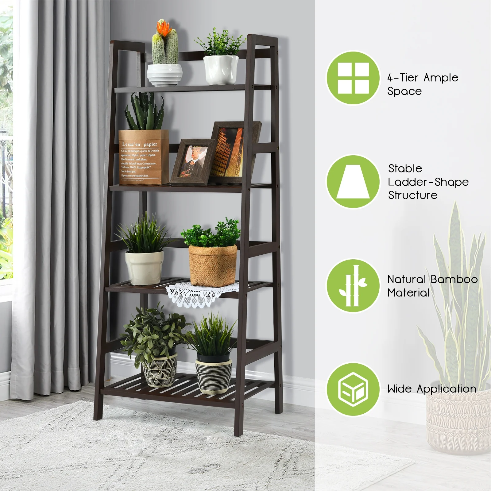 4-Tier Bamboo Plant Rack With Guardrails, Brown - Image 6