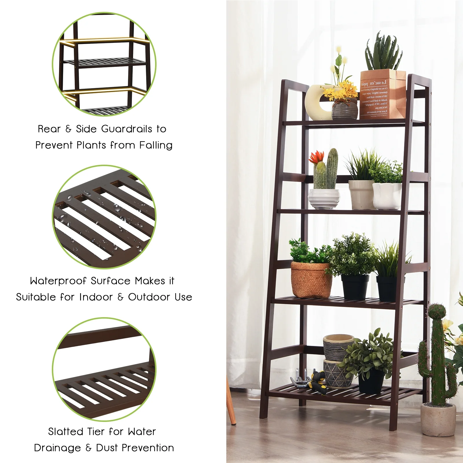 4-Tier Bamboo Plant Rack With Guardrails, Brown - Image 7