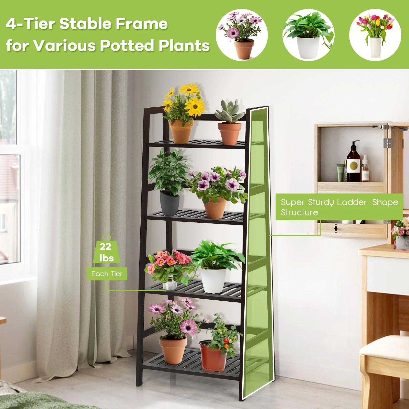 4-Tier Bamboo Plant Rack With Guardrails, Brown - Image 8