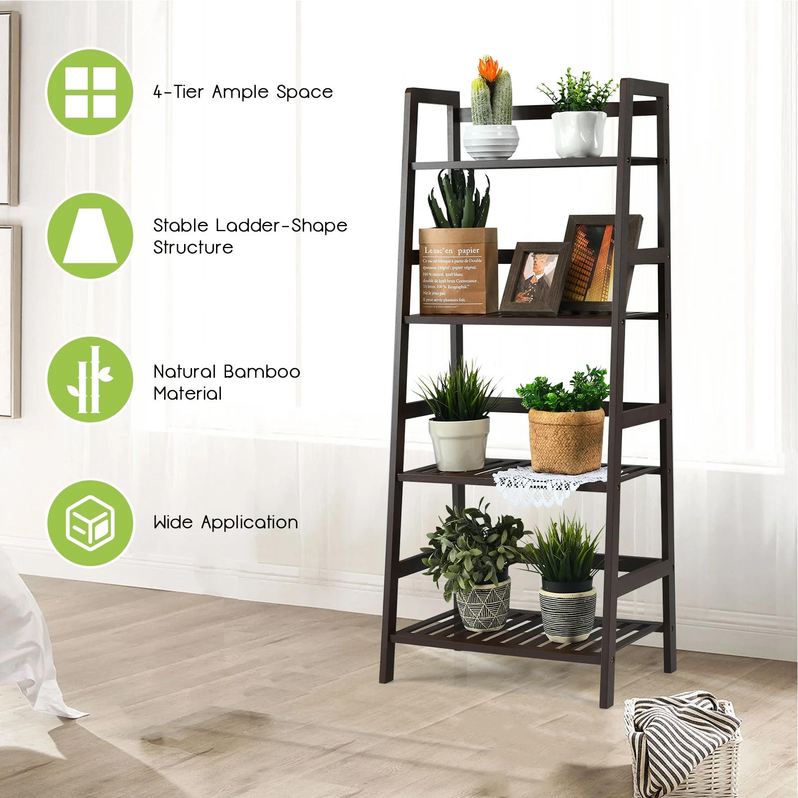 4-Tier Bamboo Plant Rack With Guardrails, Brown - Image 9